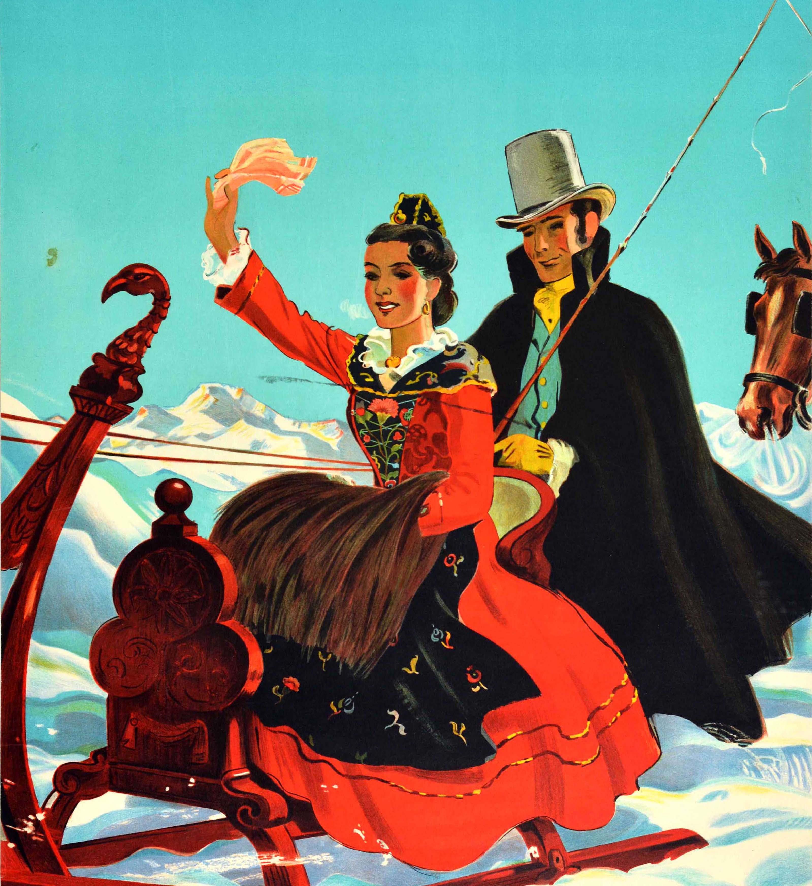 Original vintage travel poster for St Moritz featuring a great design by Hugo Laubi (1888-1959) of a smiling lady in a traditional red dress waving a handkerchief as she rides on a carved wooden horse drawn sleigh / sledge driven by a smartly