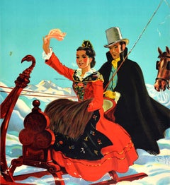 Poster di viaggio originale d'epoca St. Moritz Svizzera Slitta trainata da cavalli Laubi