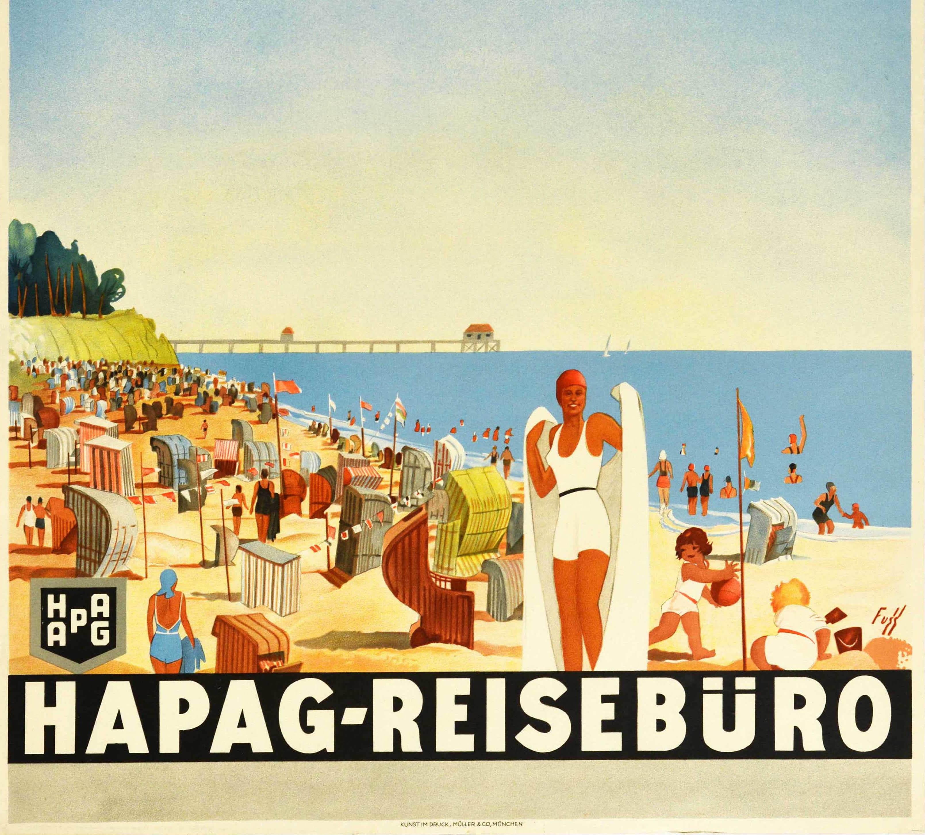 Original vintage travel poster for Hapag Reiseburo travel agency featuring a stunning Art Deco design by Albert Fuss (1889-1969) showing a lady in a fashionable swimsuit covering herself with a white towel in front of a summer seaside holiday scene