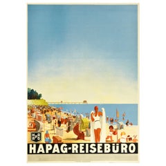 Original Vintage Travel Poster Summer Beach Riviera Hapag Reiseburo Art Deco