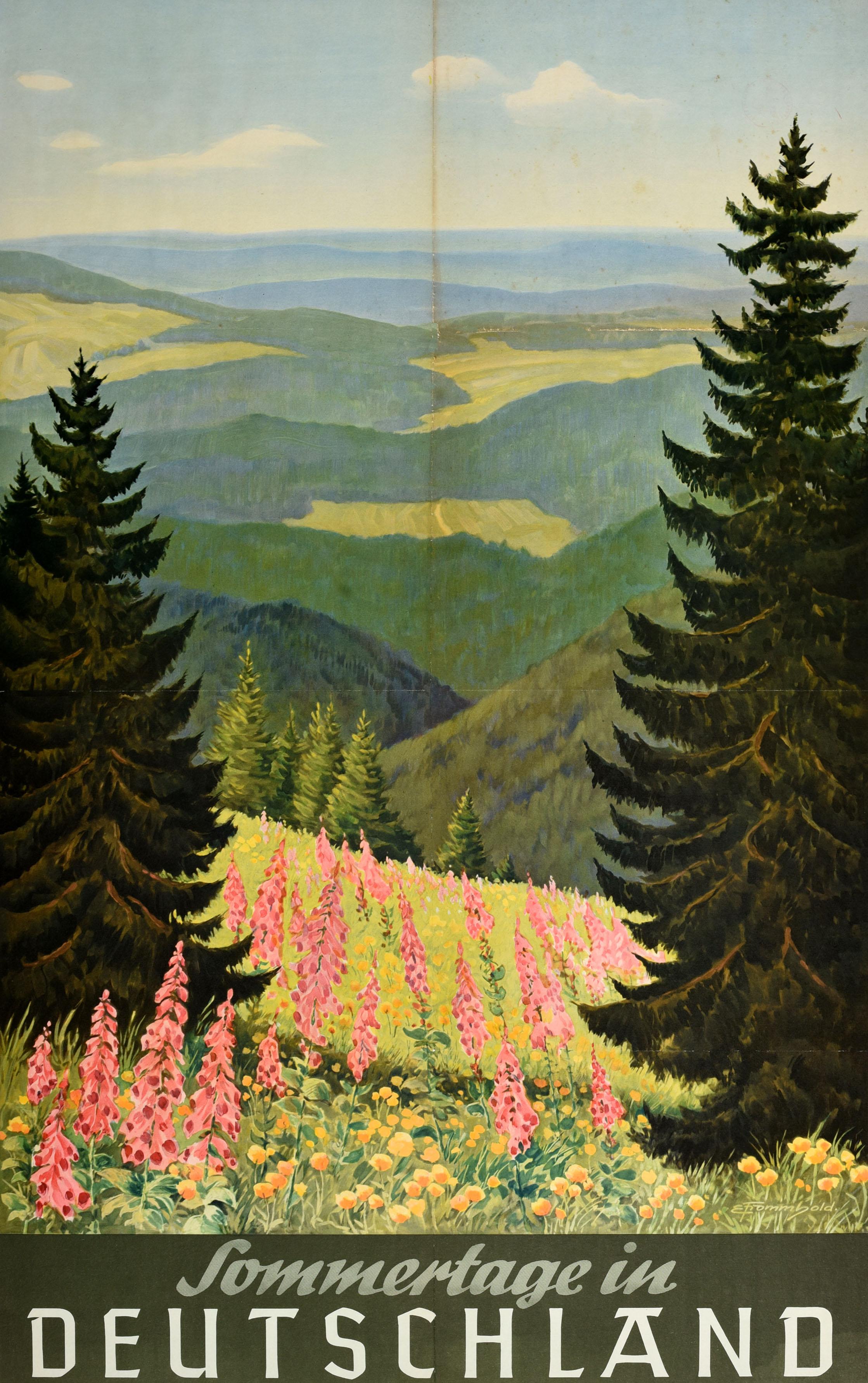 Original vintage travel poster - Summer in Germany / Sommertage in Deutschland - featuring artwork by Ernst Frommhold (1879-1955) depicting a scenic countryside view from a hill with wild yellow and pink foxglove flowers between two fir trees in the