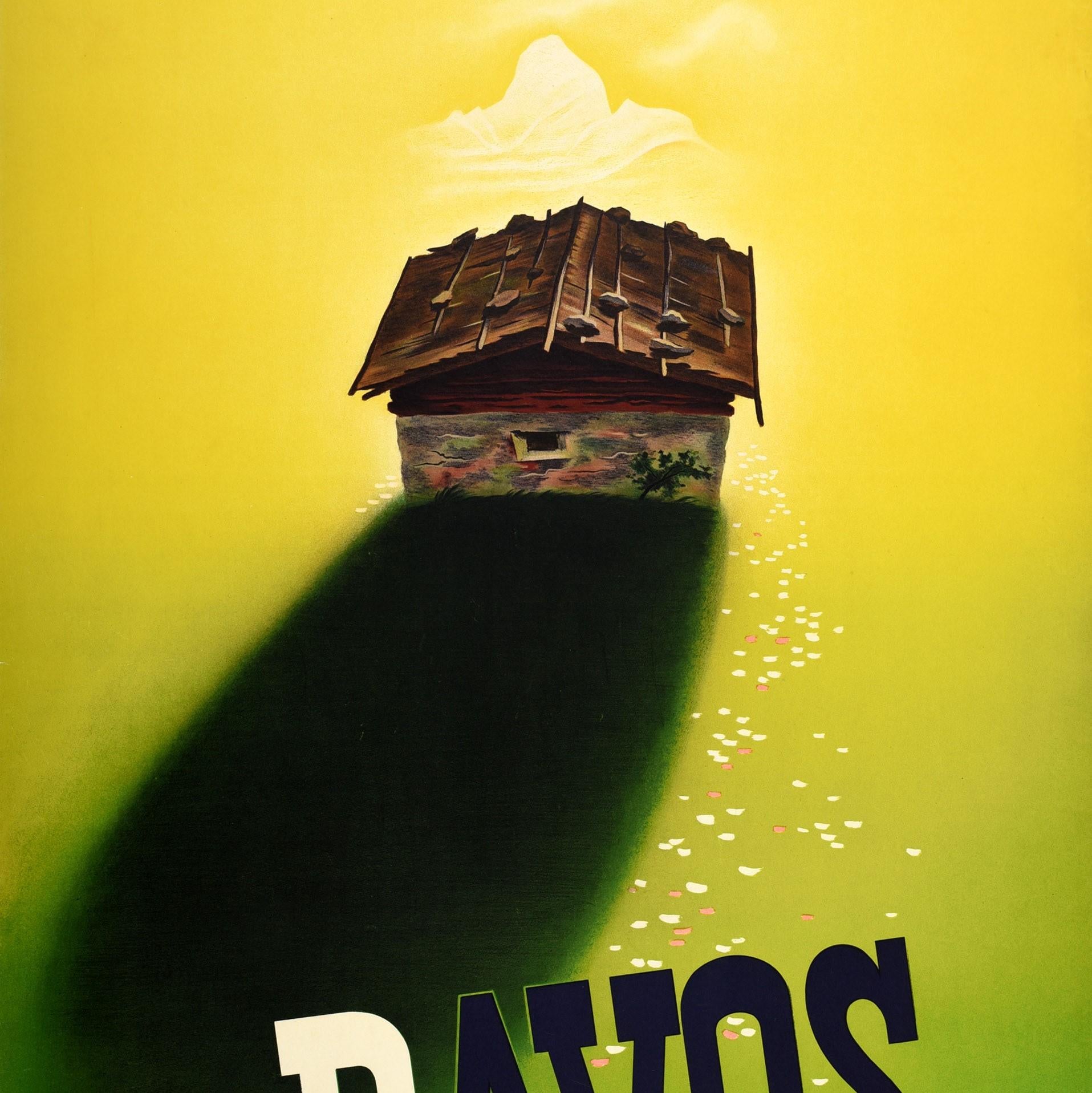Svizzero Poster di viaggio originale d'epoca Estate a Davos in Svizzera Terrazza del sole in Europa in vendita