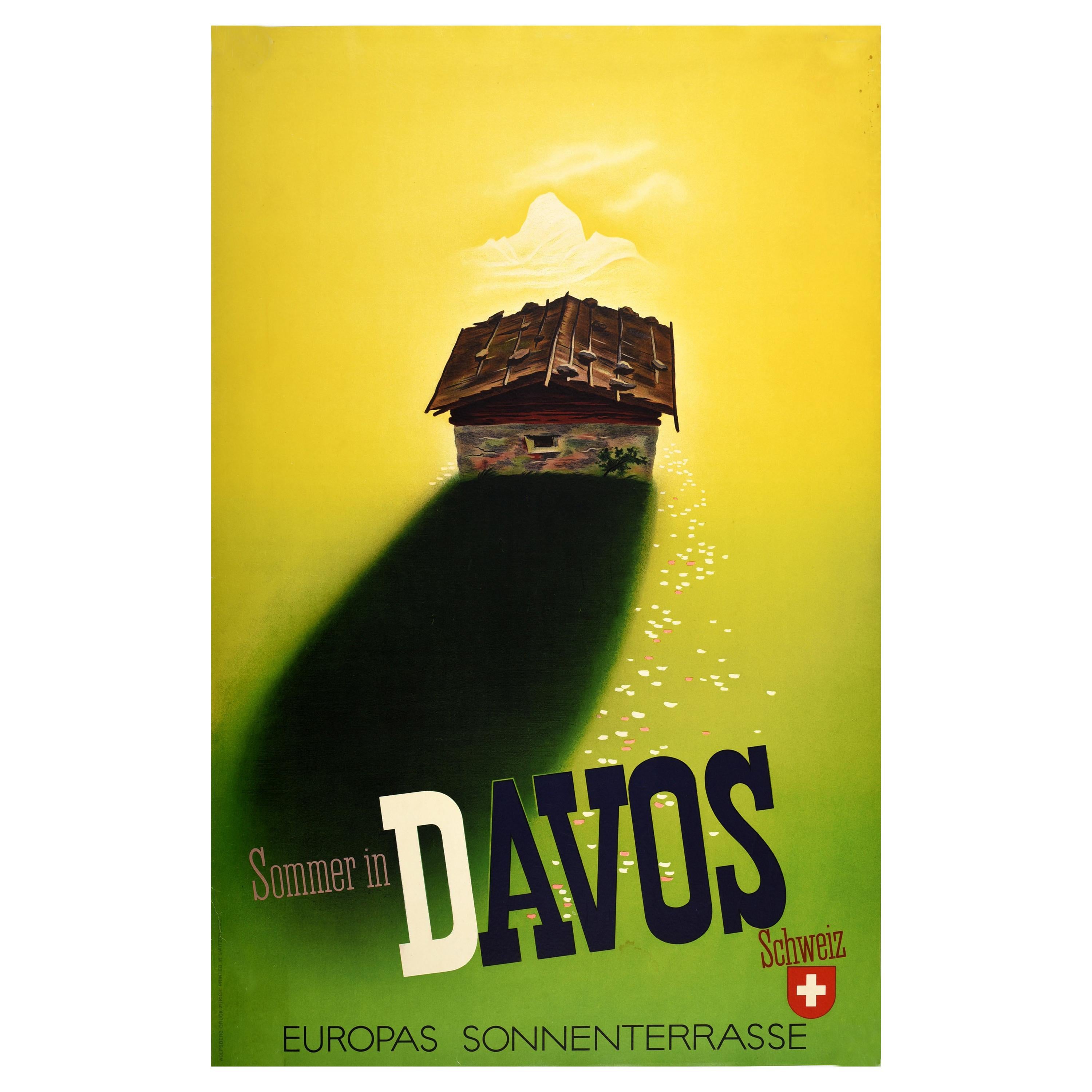 Original Vintage Travel Poster Summer in Davos Switzerland Europe's Sun Terrace For Sale