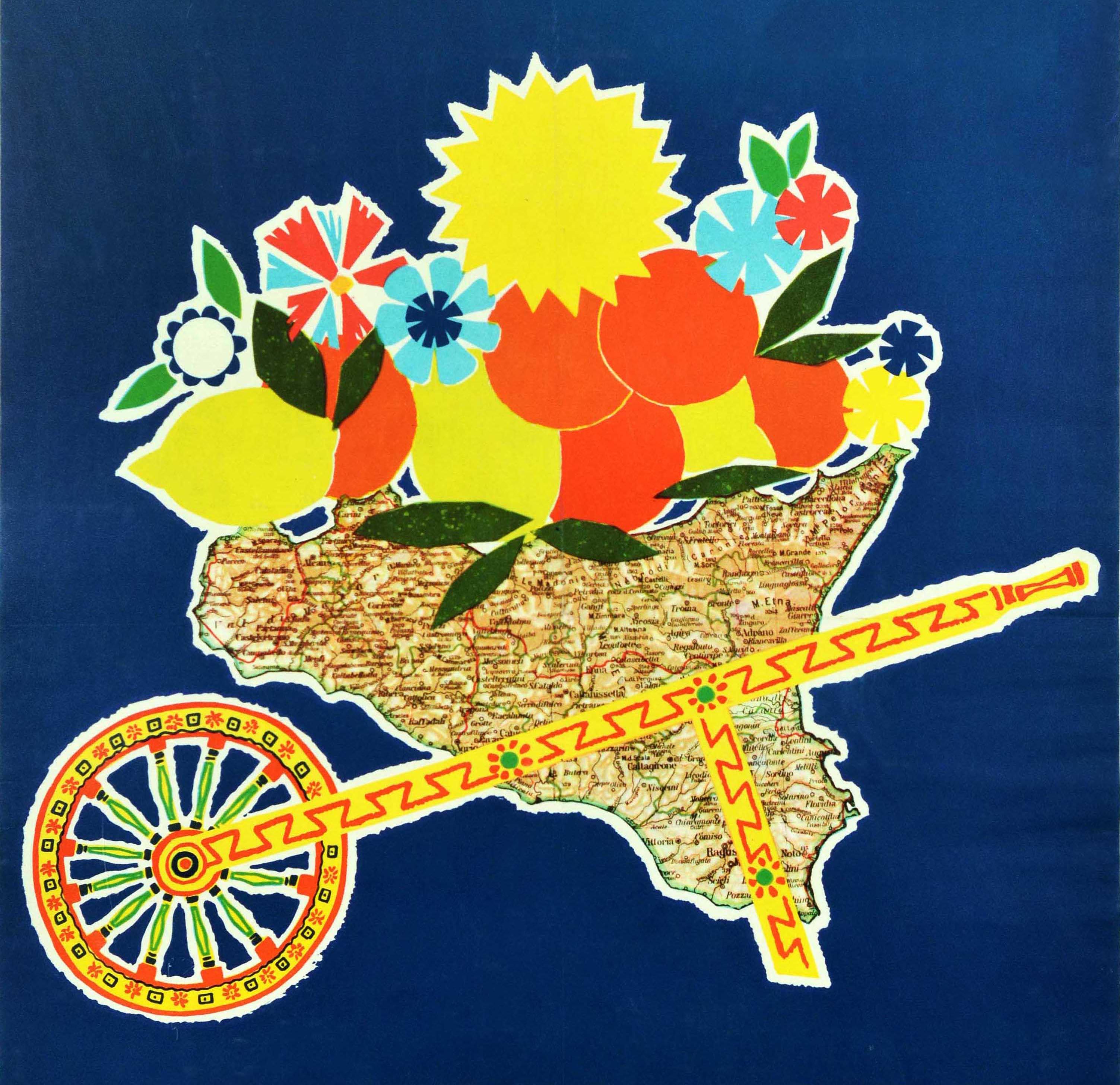 Original vintage Italy travel poster for Summer in Sicily / Estate in Sicilia featuring a great design depicting a map of the Mediterranean island as a wheelbarrow full of colourful fruit and flowers with decorative fixtures on the sides and wheel