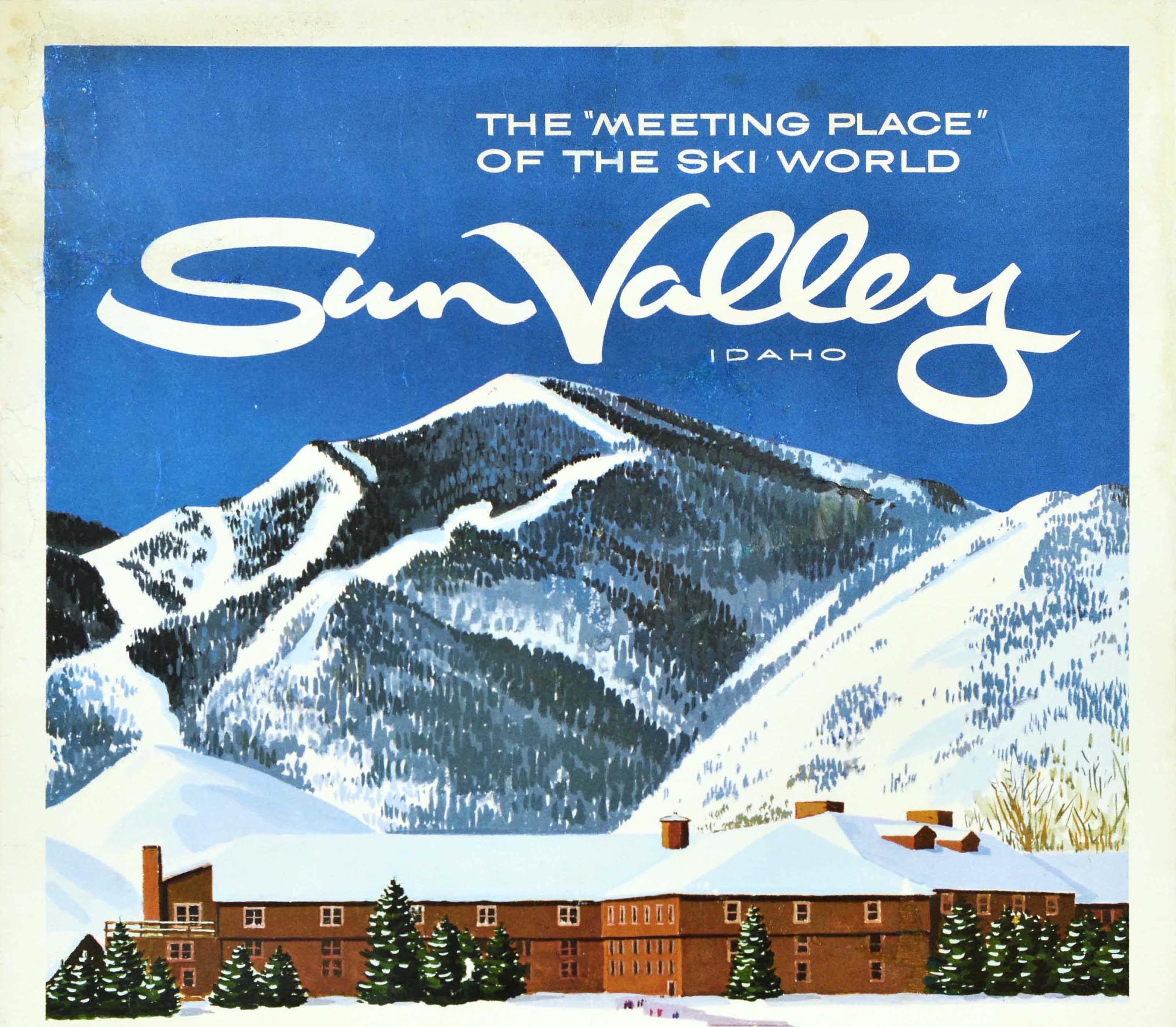Original vintage winter sport travel poster for Sun Valley Idaho The Meeting Place of the Ski World featuring an image of a smiling couple in the foreground, skiers carrying skis on their shoulders and more holidaymakers by buses in front of the
