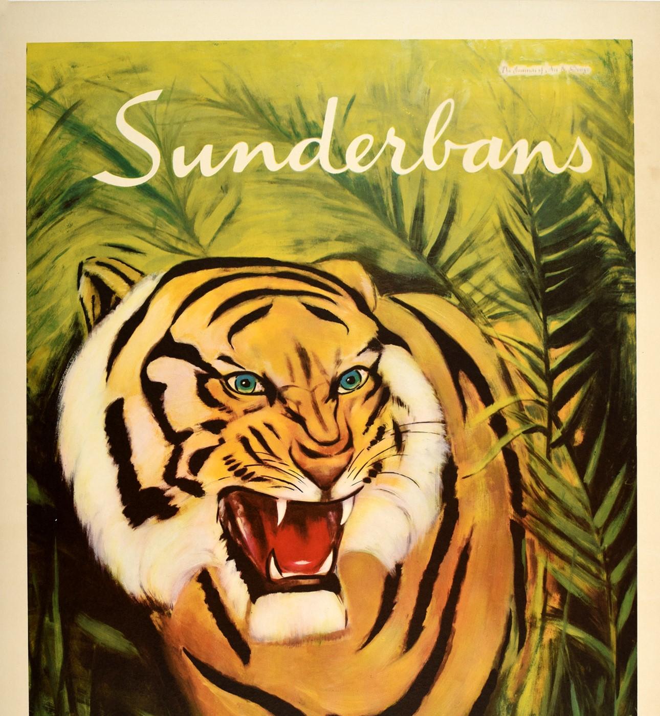 Affiche de voyage vintage originale pour la région de Sunderbans, au Pakistan, présentant une superbe image d'un tigre rugissant émergeant des broussailles de la jungle, avec le texte stylisé en blanc au-dessus et en jaune en dessous. Les Sundarbans