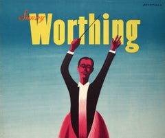 Original Vintage Travel Poster Sunny Worthing British Railways Beach Music Sport