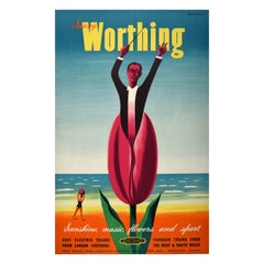 Original Vintage Travel Poster Sunny Worthing British Railways Beach Music Sport