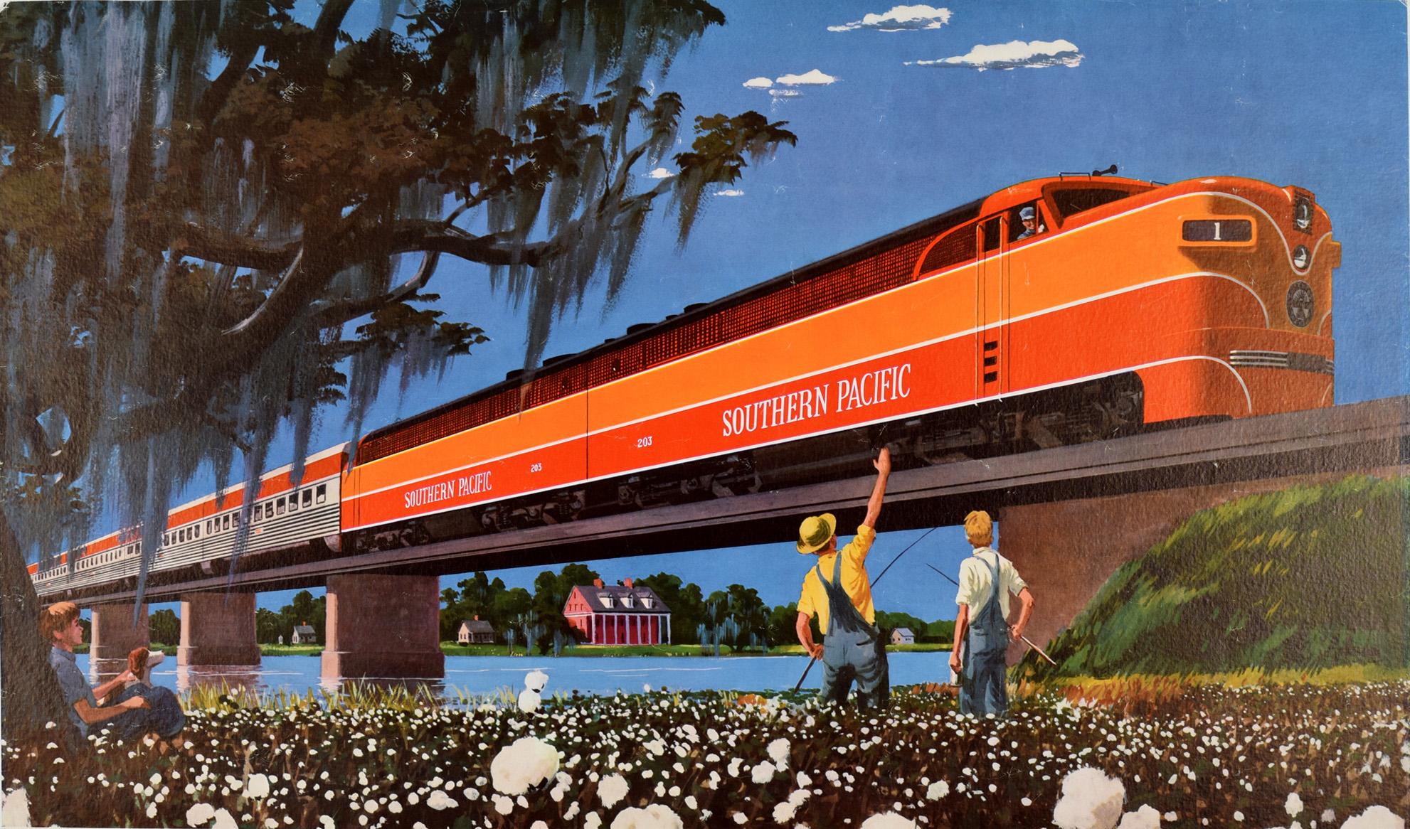 Original vintage Southern Pacific railroad poster featuring a colourful image of The Streamlined Train With The Southern Accent crossing a railway bridge over a river against the clear blue sky with two men in the foreground, one waving to the