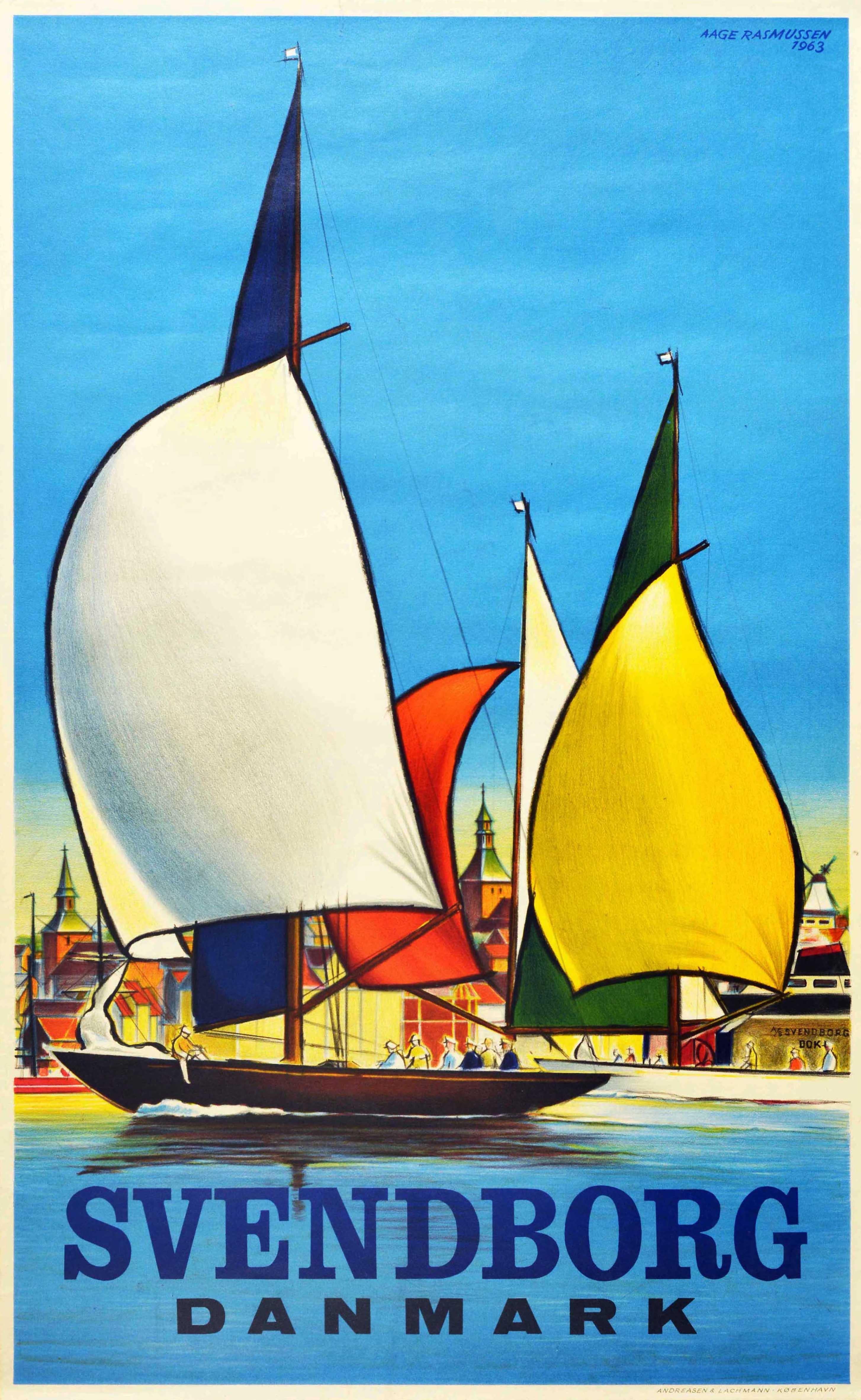 Original vintage travel poster for Svendborg Danmark / Denmark featuring an illustration by the Danish artist Aage Rasmussen (1913-1975) of sailing boats on the coast with colourful full sails and people enjoying their trip on the calm water with