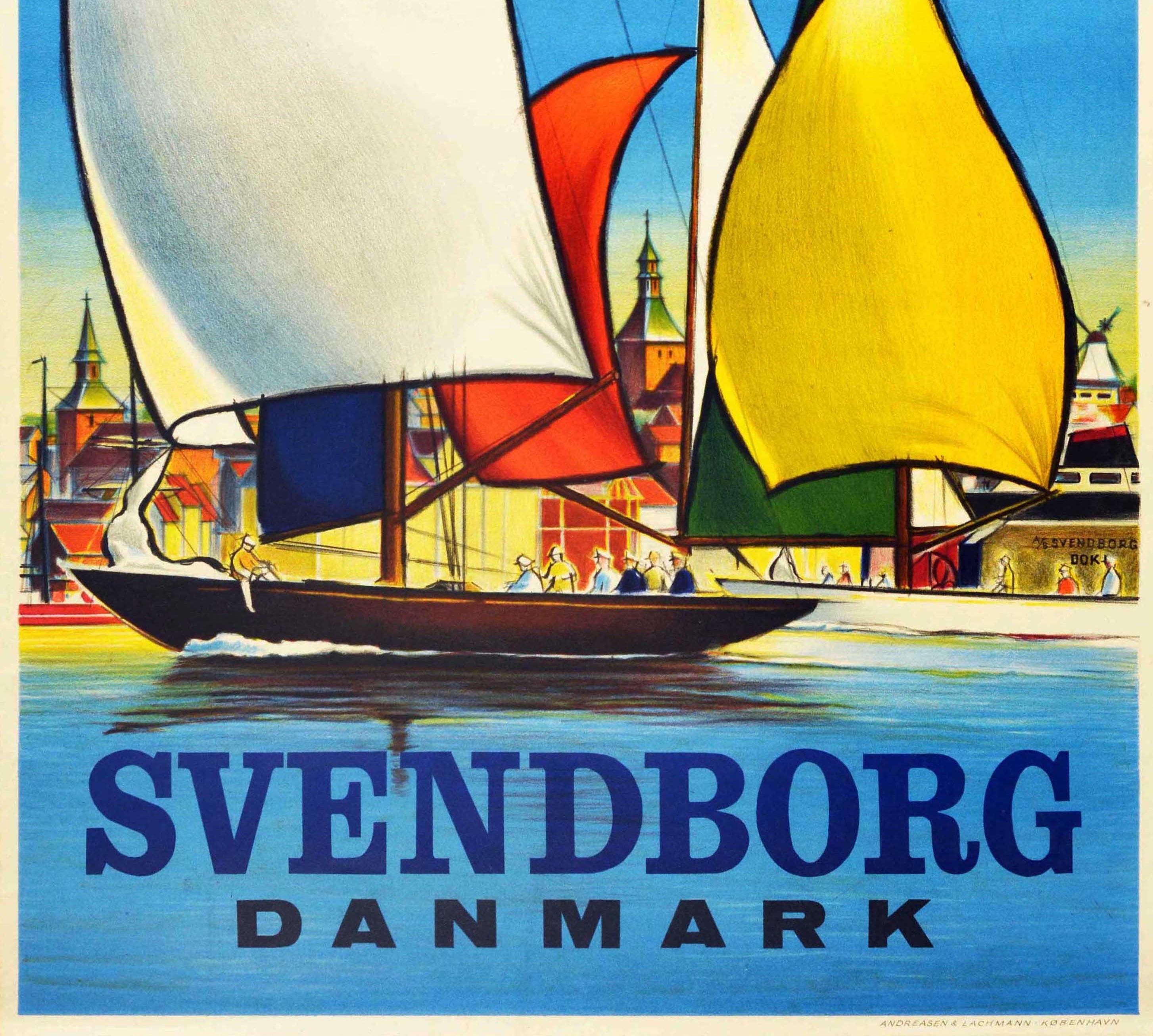 Danish Original Vintage Travel Poster Svendborg Danmark Sailing Pleasure Boat Denmark