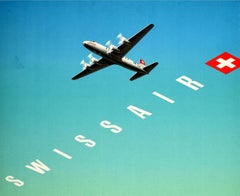 Original Vintage Travel Poster Swissair Switzerland Flag Swiss Alps Mountain Art
