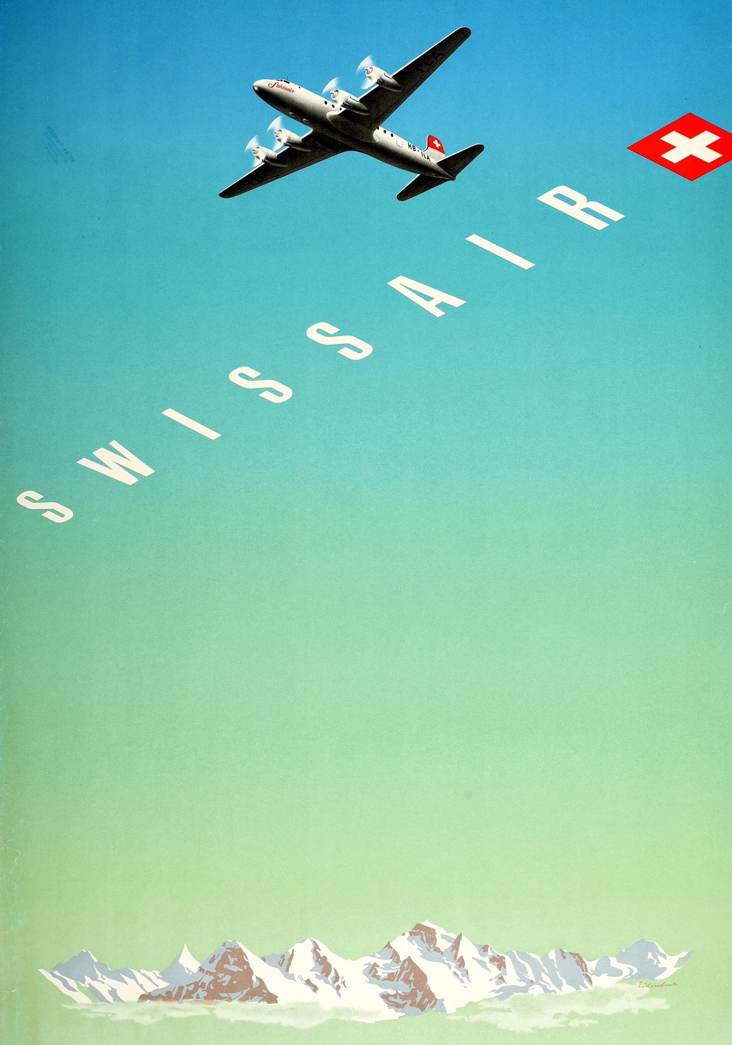 Original Vintage Travel Poster Swissair Switzerland Flag Swiss Alps Mountain Art In Good Condition For Sale In London, GB