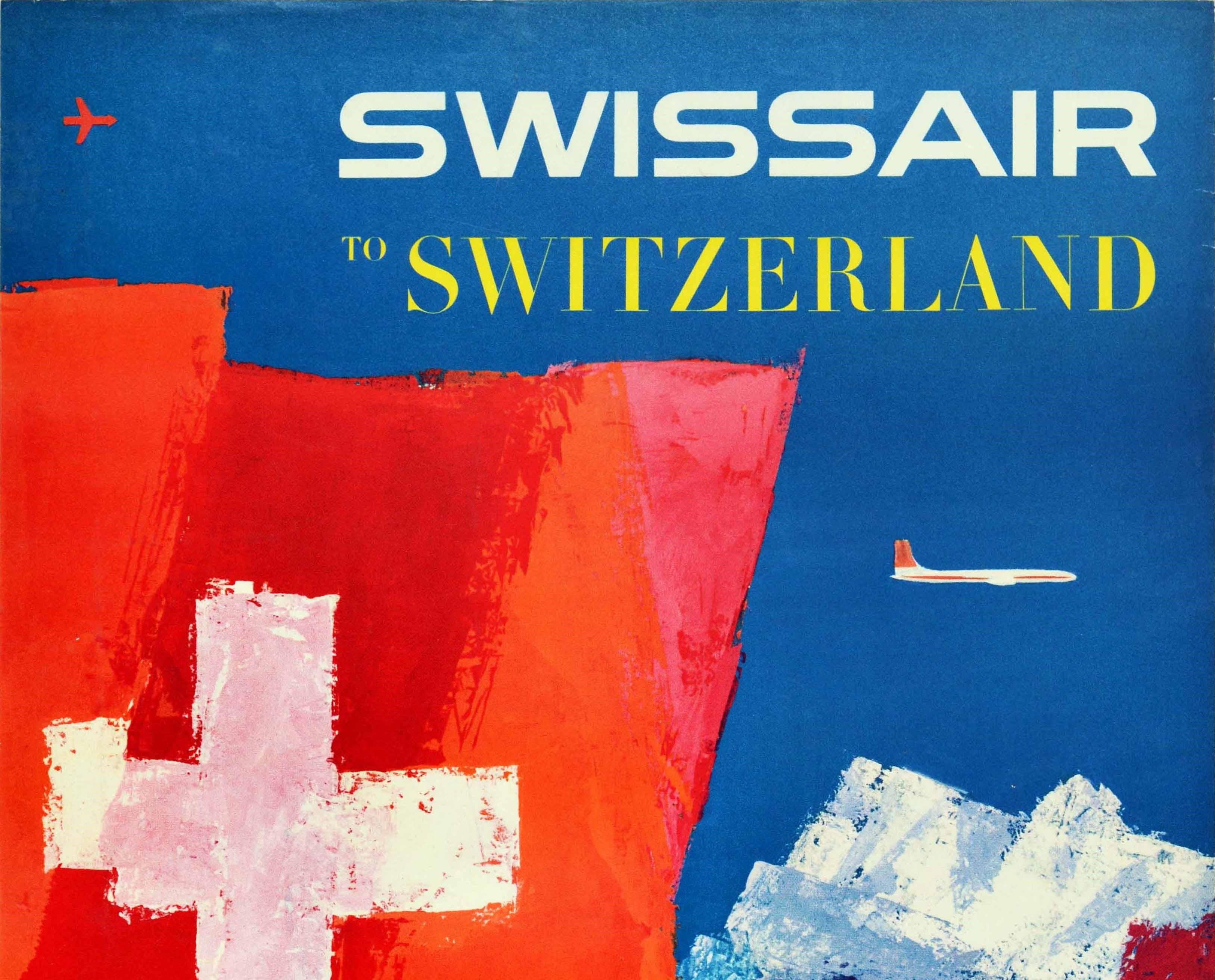 Original vintage travel poster - Swissair to Switzerland - featuring a colourful scenic painting by Fritz Buhler (1909-1963) showing a ferry boat crossing a calm blue lake in a steep valley with a forest on the hill on one side and a steep mountain