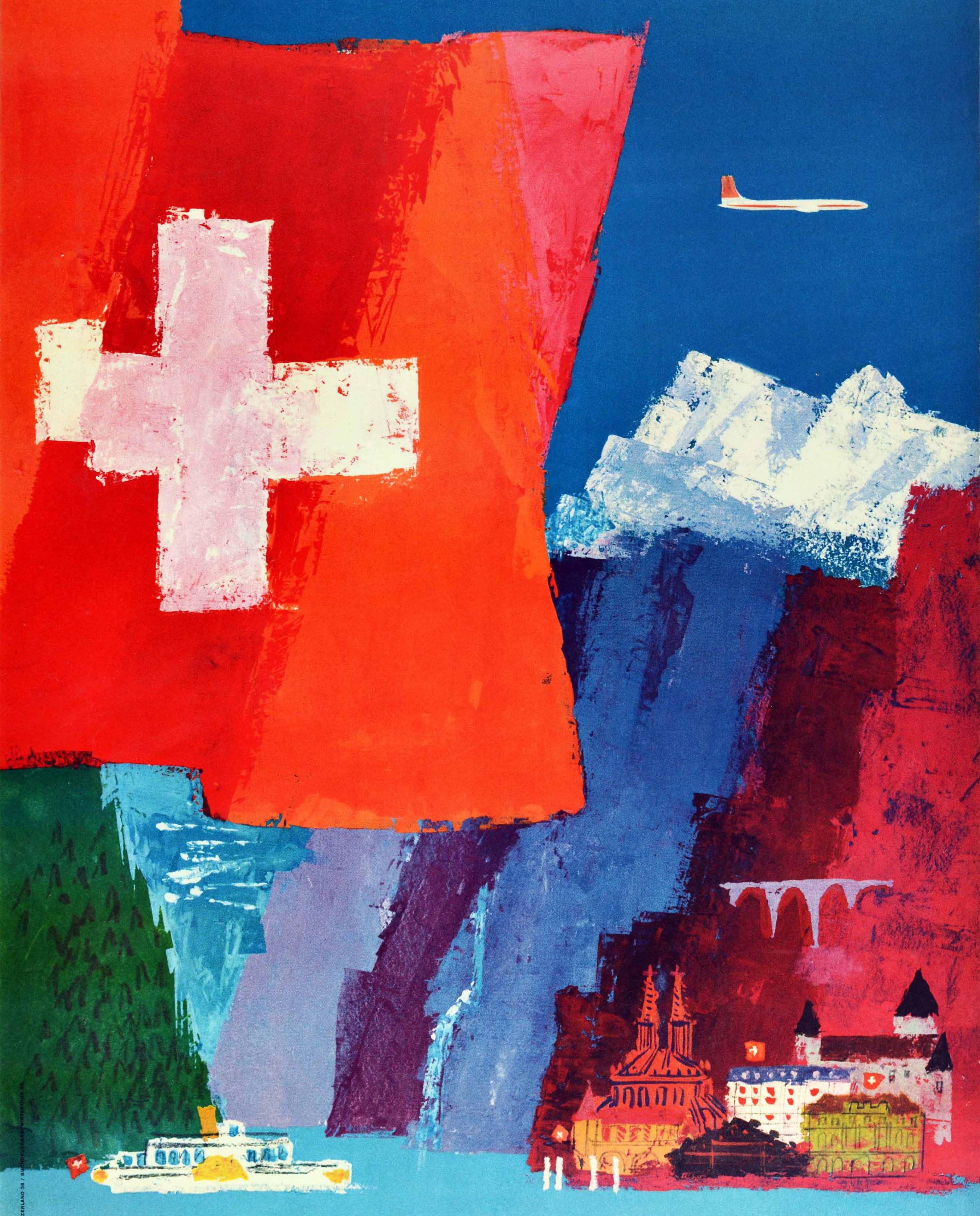 Mid-20th Century Original Vintage Travel Poster Swissair To Switzerland Mountains Lake Swiss Flag