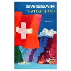 Original Vintage Travel Poster Swissair To Switzerland Mountains Lake Swiss Flag