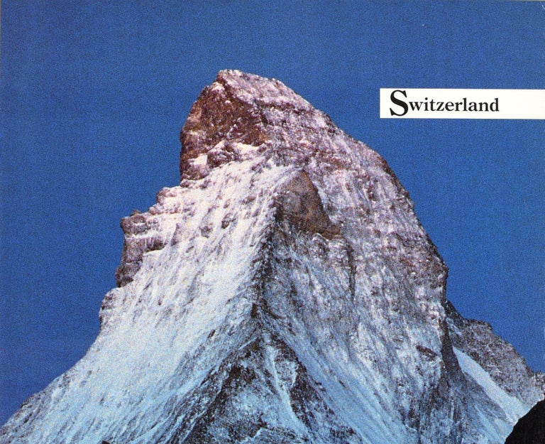 Original vintage travel poster for Switzerland issued by Air Canada featuring a photograph of the snow topped Matterhorn mountain rising dramatically against the blue sky with the trees and hills in the shadow in the foreground, the title in black