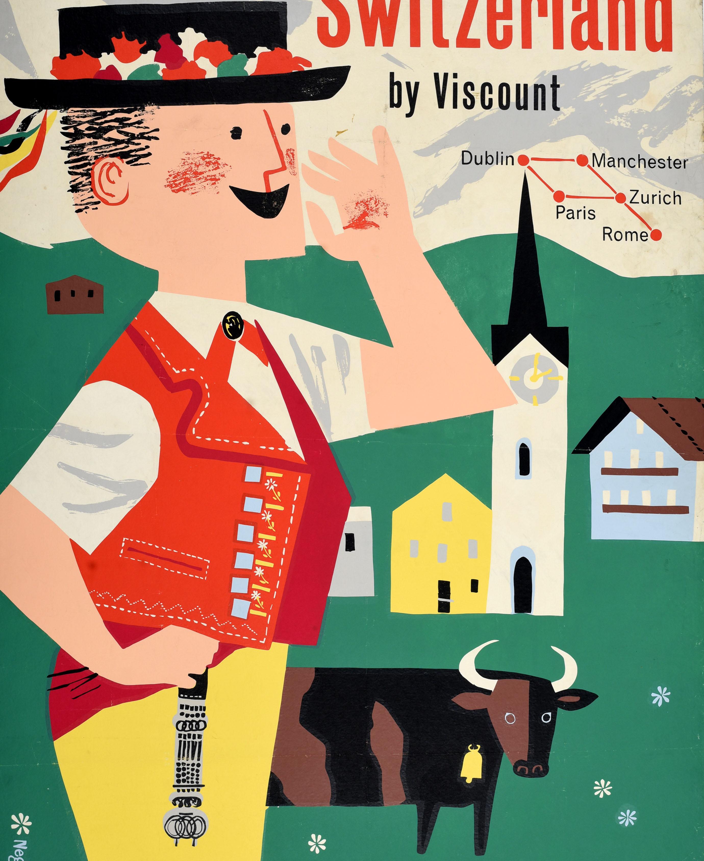Original vintage travel poster for Switzerland by Viscount issued by Aer Lingus Irish Airlines featuring a fun and colourful design by Richard Negus (1927-1988) and Philip Sharland (1923-1986) of a man yodeling wearing traditional Swiss Tracht