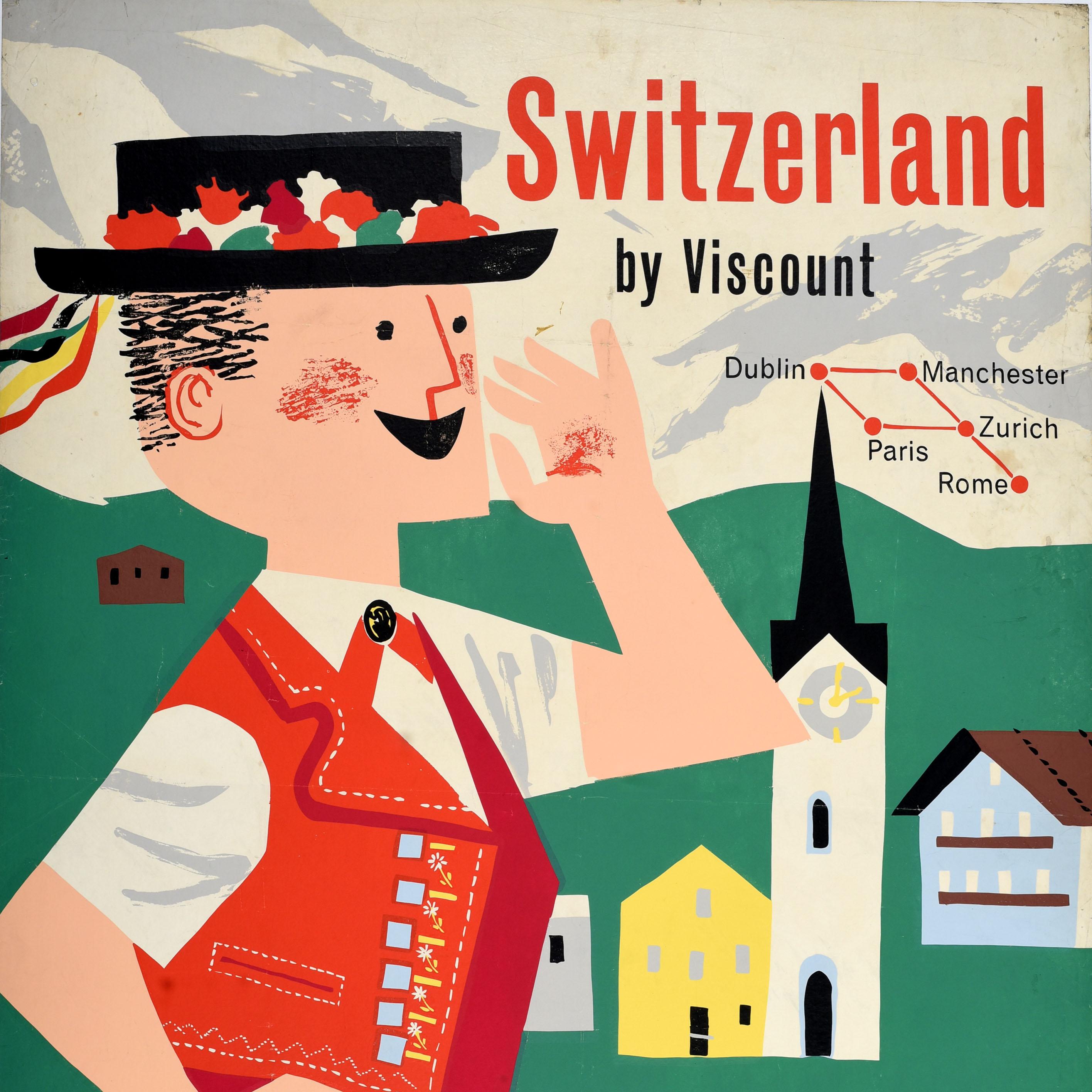 Original Vintage Travel Poster Switzerland By Viscount Aer Lingus Irish Airlines In Fair Condition For Sale In London, GB