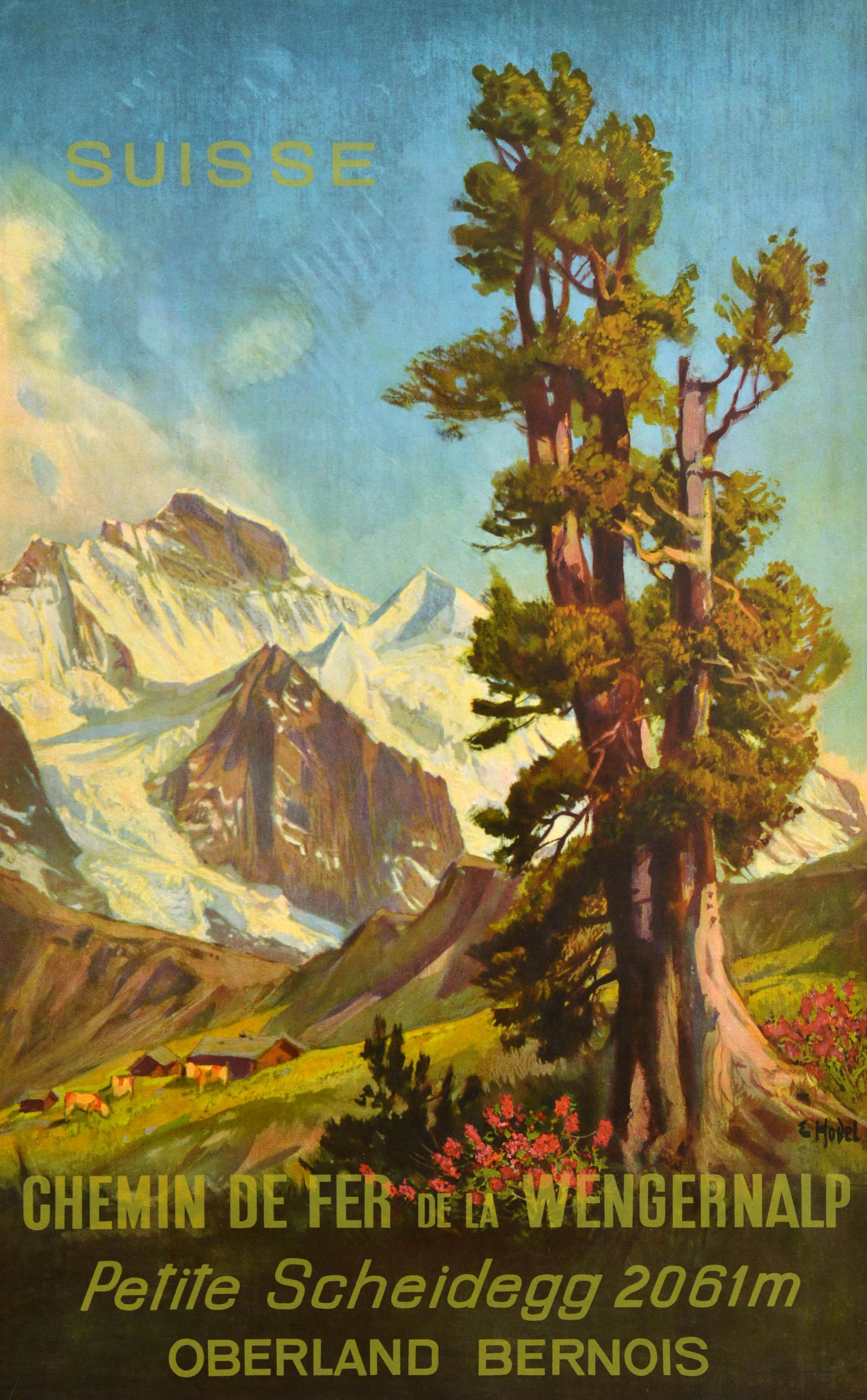 Poster di viaggio originale d'epoca - Suisse Chemin de Fer de la Wengernalp Petite Scheidegg 2061m Oberland Bernois / Svizzera Ferrovia Wengernalp Kleine Scheidegg 2061m Oberland Bernese - con una veduta panoramica del pittore svizzero Ernst Hodel
