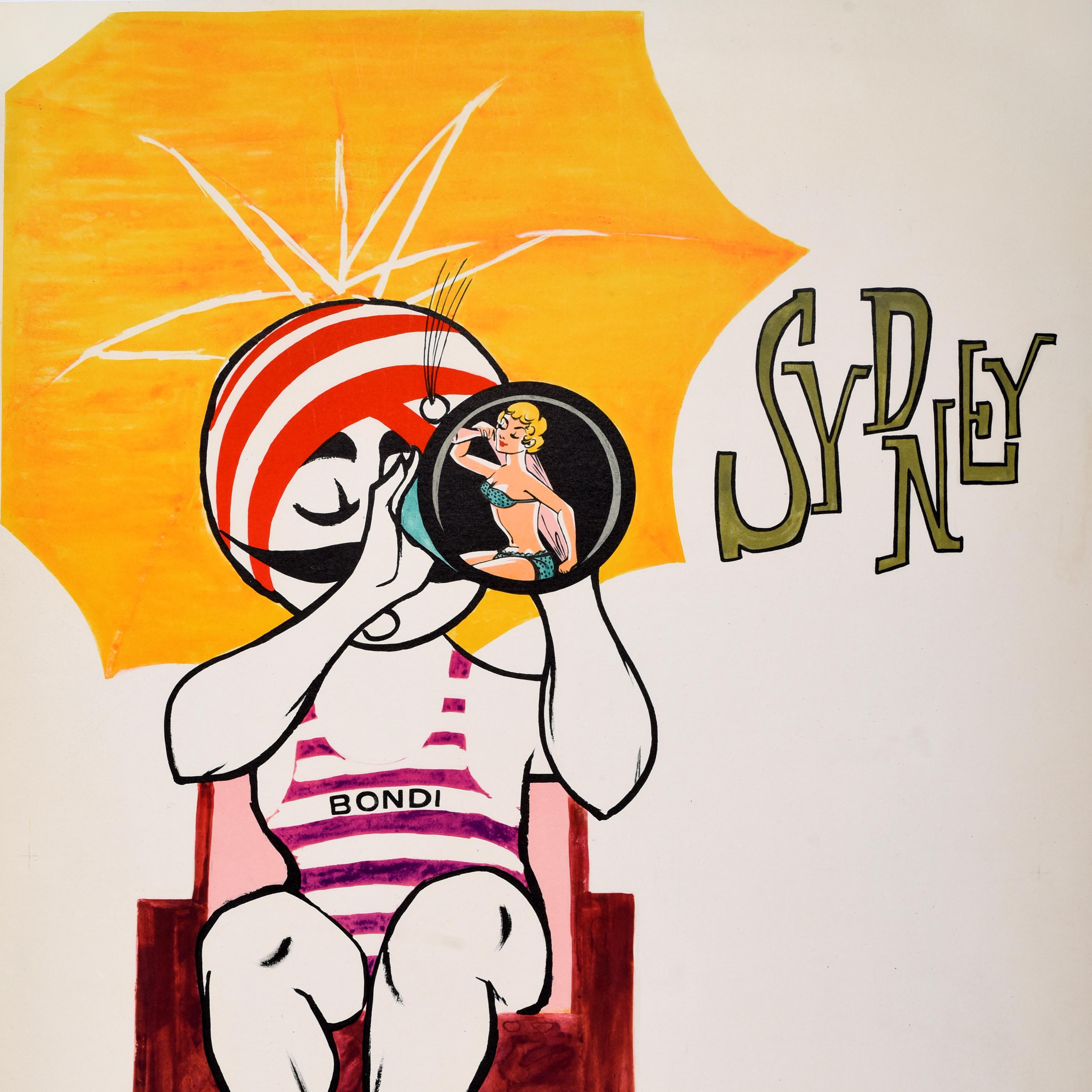 Poster di viaggio originale d'epoca di Air India per Sydney, in Australia, con un disegno divertente e colorato che raffigura la mascotte di Air India, il Maharajah (creato nel 1946 da Bobby Kooka e Umesh Rao), che indossa un costume da bagno di
