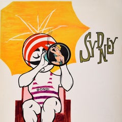 Original Vintage Travel Poster Sydney Air India Bondi Beach Australia Maharaja