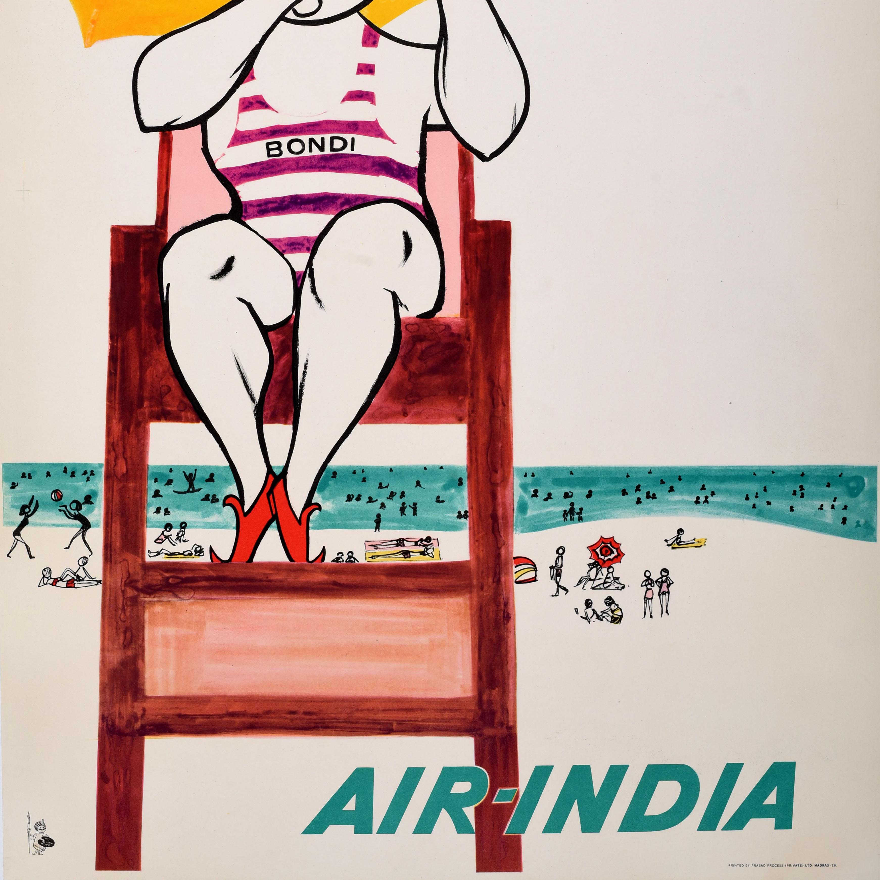 Indiano Poster di viaggio originale d'epoca Sydney Air India Bondi Beach Australia Maharaja in vendita