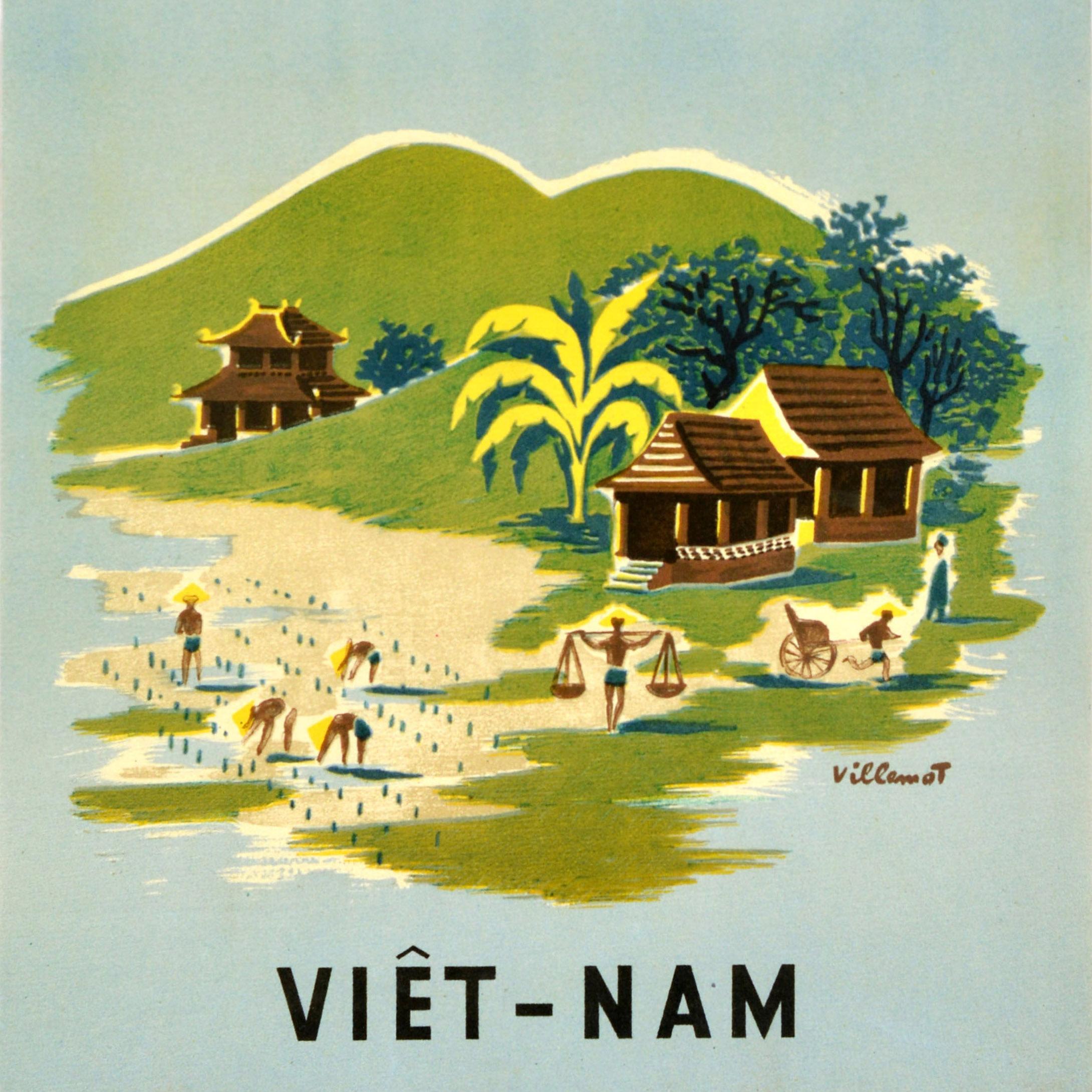 Original vintage travel poster for TAI Viet-Nam / Vietnam featuring colourful artwork by the renowned graphic artist Bernard Villemot (1911-1989) depicting a plane flying above a village with farmers working and people by traditional buildings and