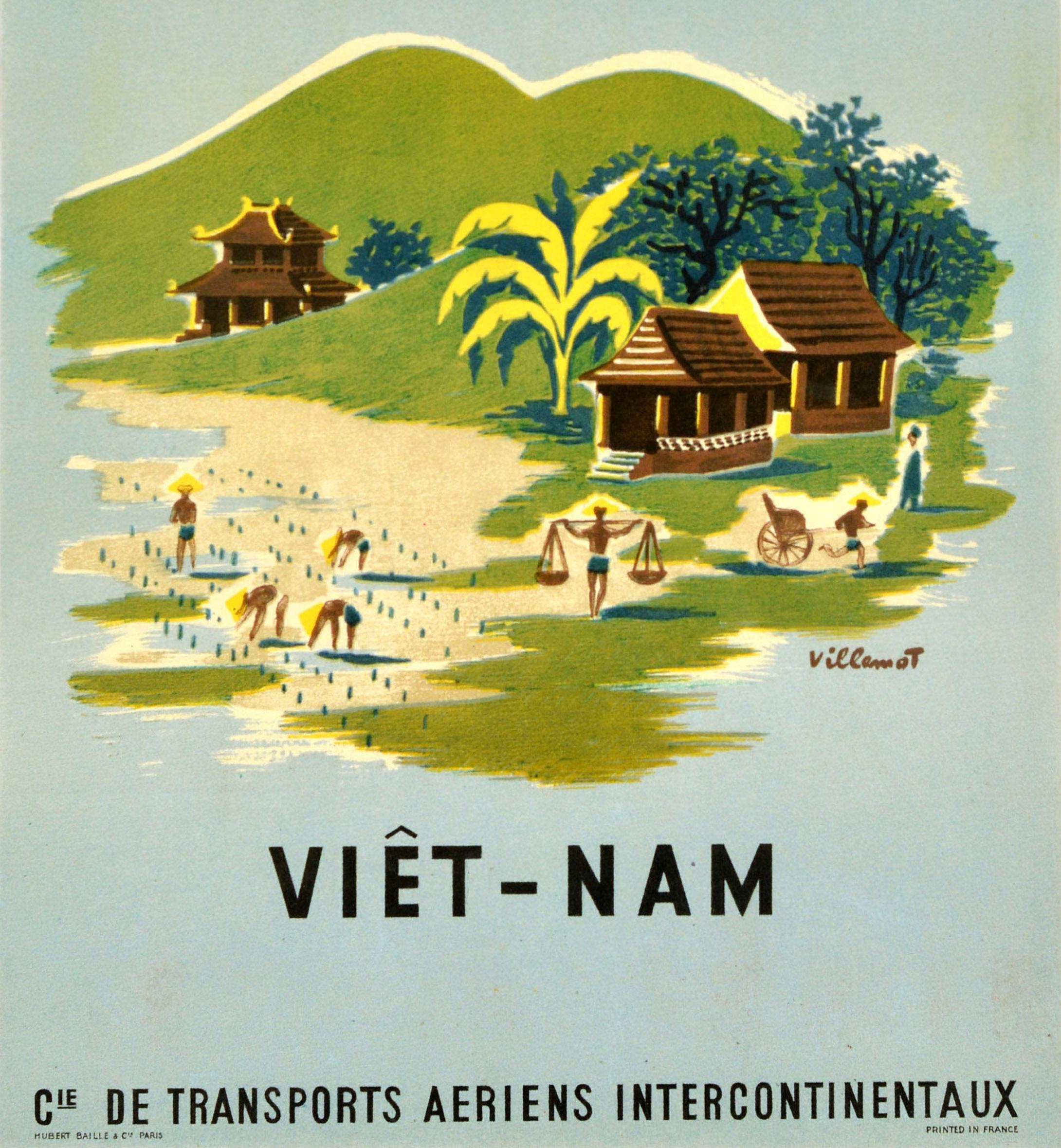French Original Vintage Travel Poster TAI Airline Vietnam Asia Villemot Midcentury Art