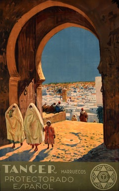 Poster di viaggio originale d'epoca Tanger Marocco Protettorato Spagnolo Nord Africa