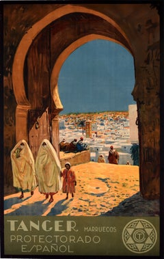 Poster di viaggio originale d'epoca Tanger Marocco Protettorato Spagnolo Nord Africa
