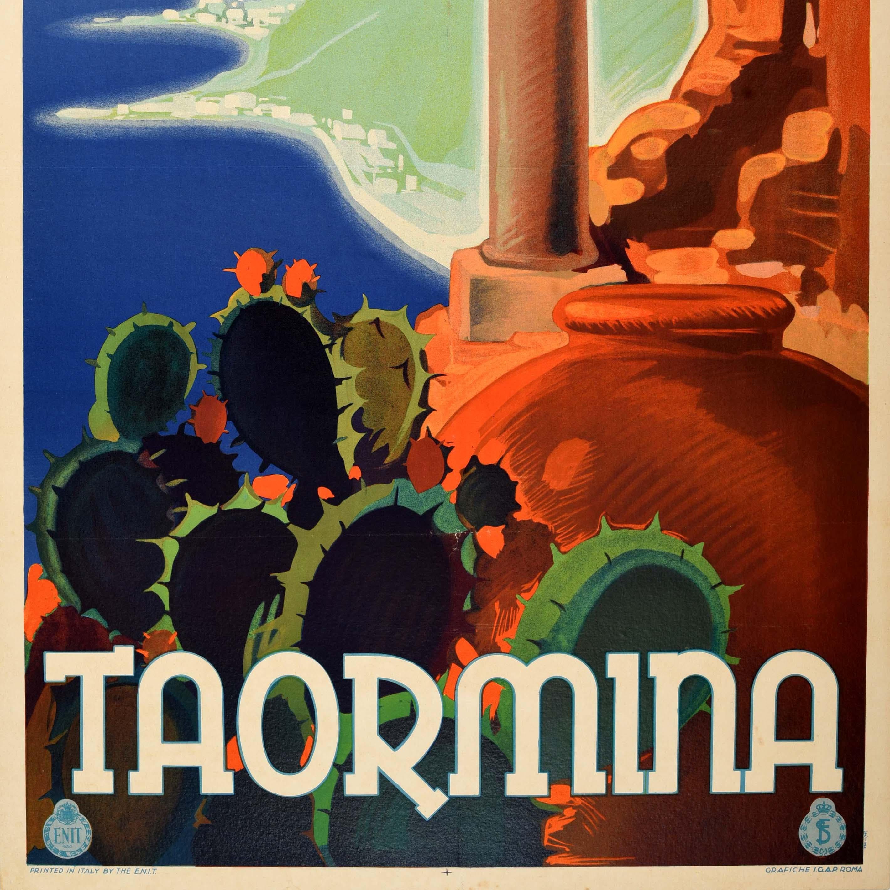 Poster di viaggio originale d'epoca Taormina Sicilia ENIT Italia Etna V.I.I. In condizioni buone in vendita a London, GB