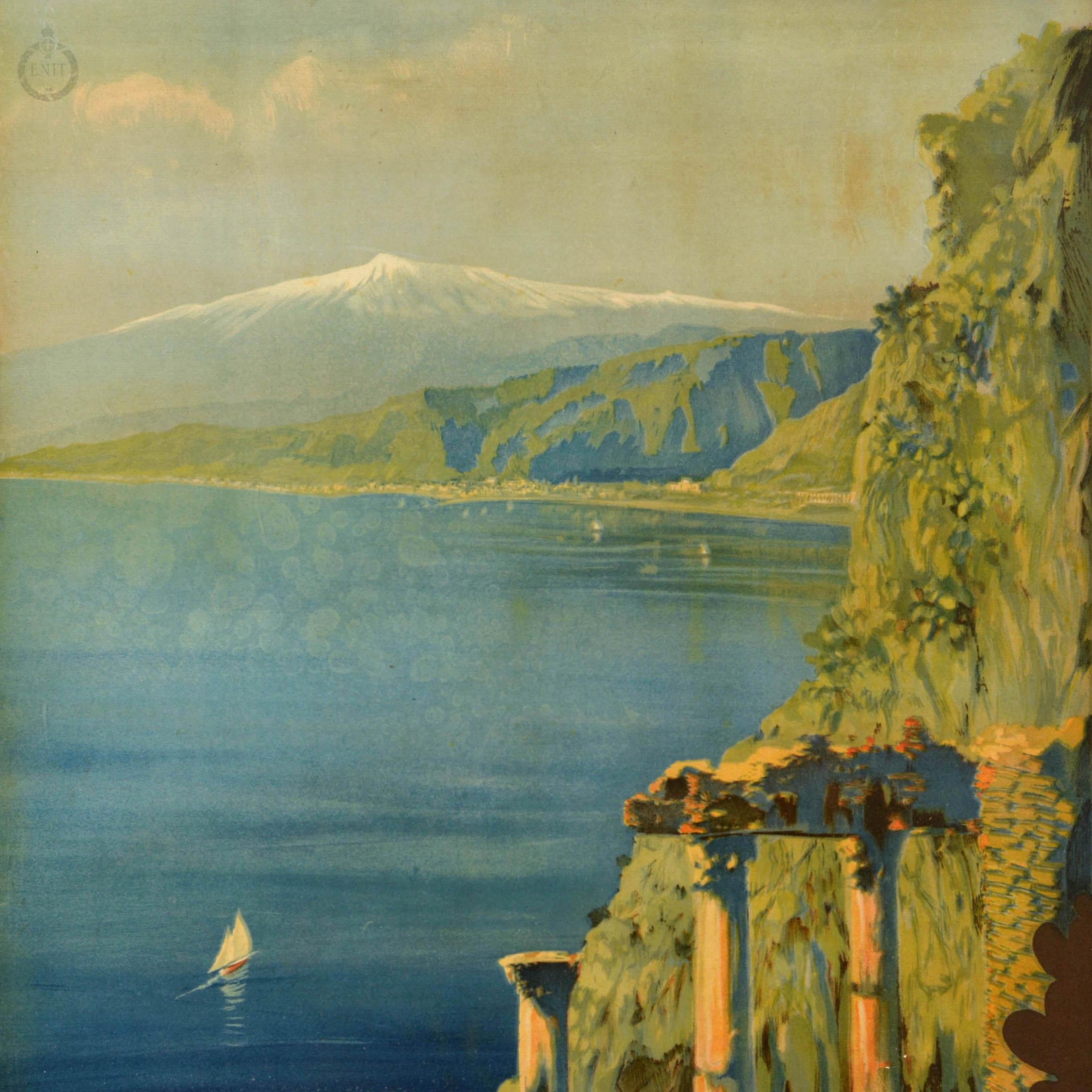 Italiano Poster di viaggio originale d'epoca Taormina Sicilia ENIT Italia Mt Etna Mario Borgoni in vendita