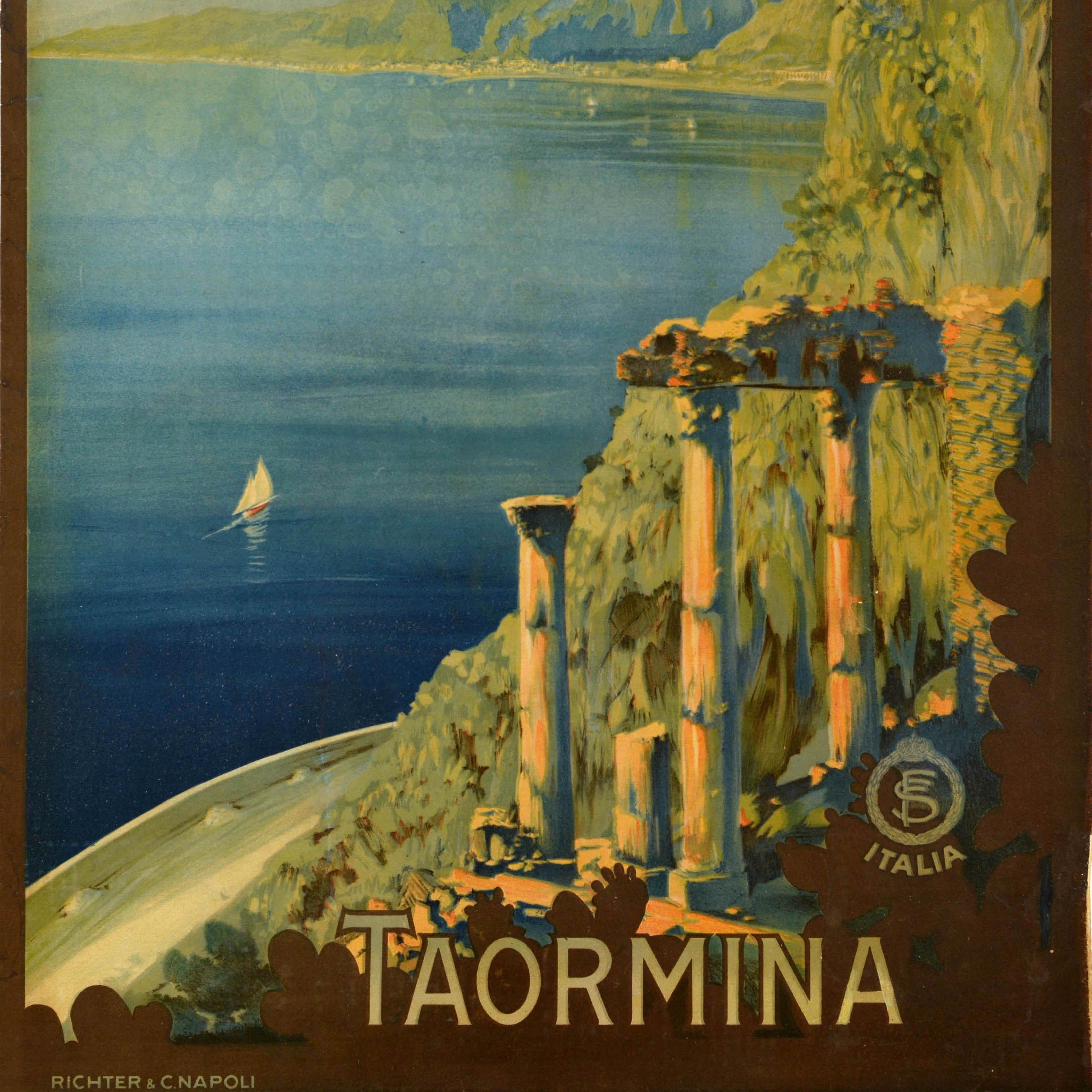Original Vintage Travel Poster Taormina Sicily ENIT Italy Mt Etna Mario Borgoni In Good Condition For Sale In London, GB