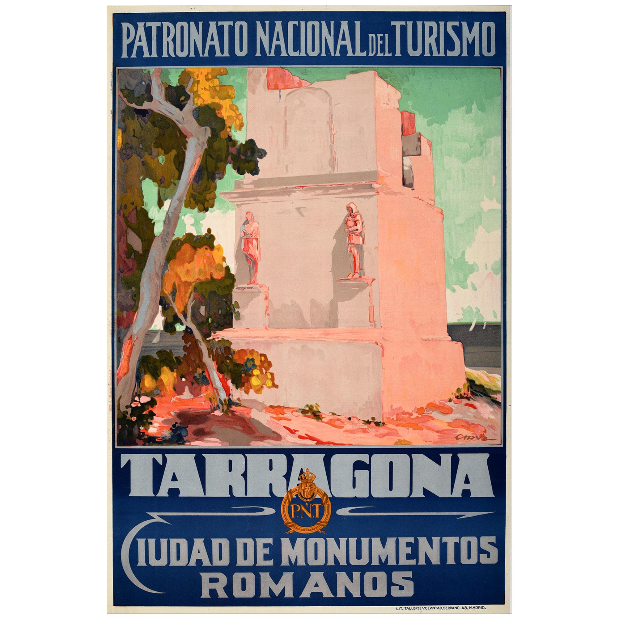 Original Vintage Travel Poster Tarragona Roman Monuments Torre De Los Escipiones For Sale