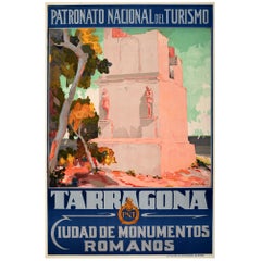 Original Antique Travel Poster Tarragona Roman Monuments Torre De Los Escipiones