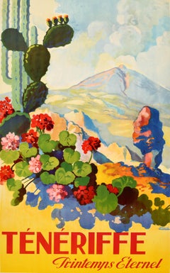 Original Vintage Travel Poster Teneriffa Kanarische Inseln Spanien Printemps Eternel