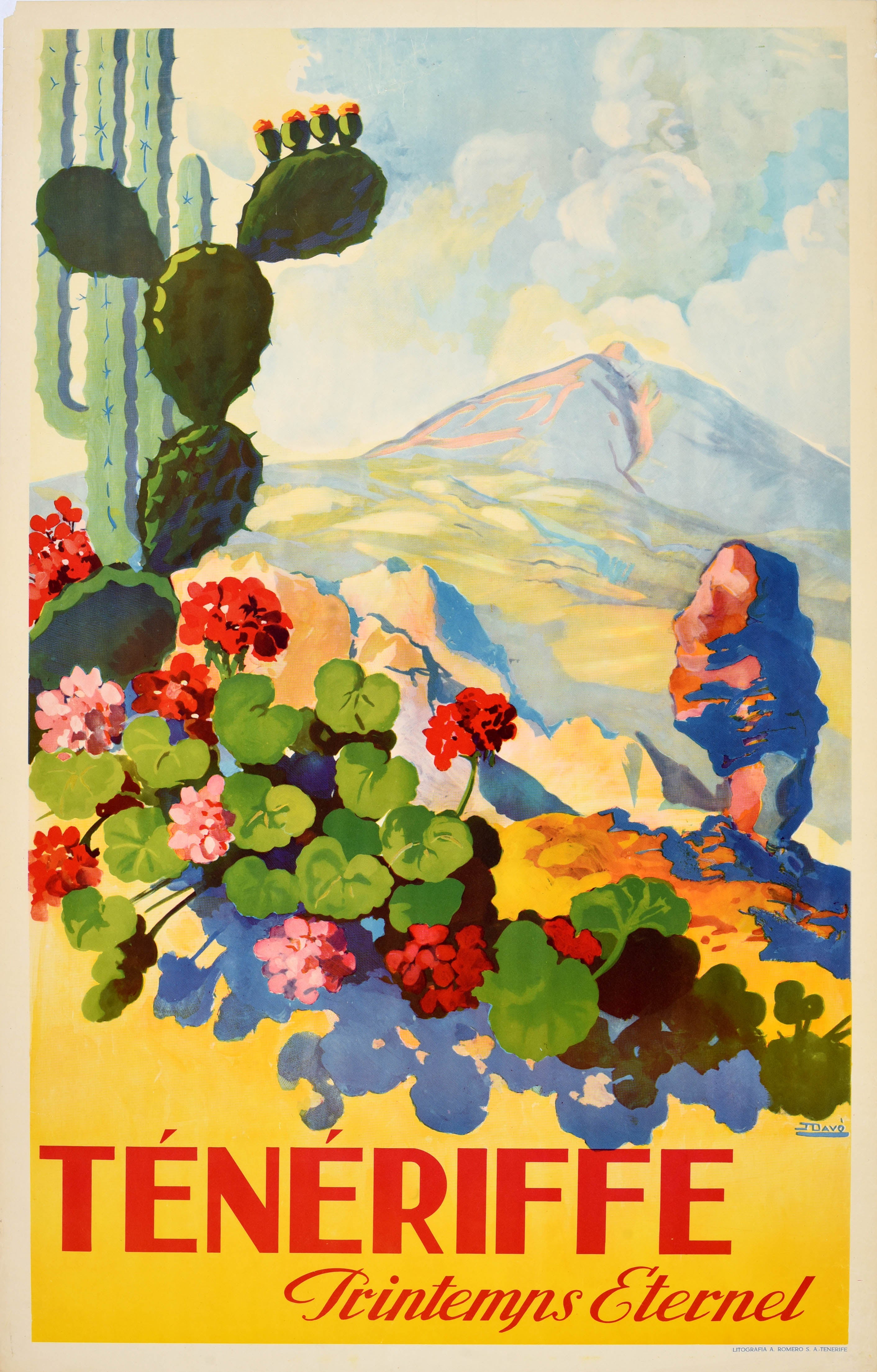 Original Vintage Travel Poster Tenerife Canary Islands Spain Printemps Eternel