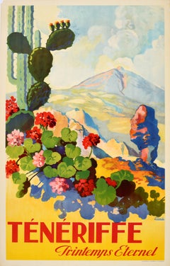 Original Vintage Travel Poster Teneriffa Kanarische Inseln Spanien Printemps Eternel