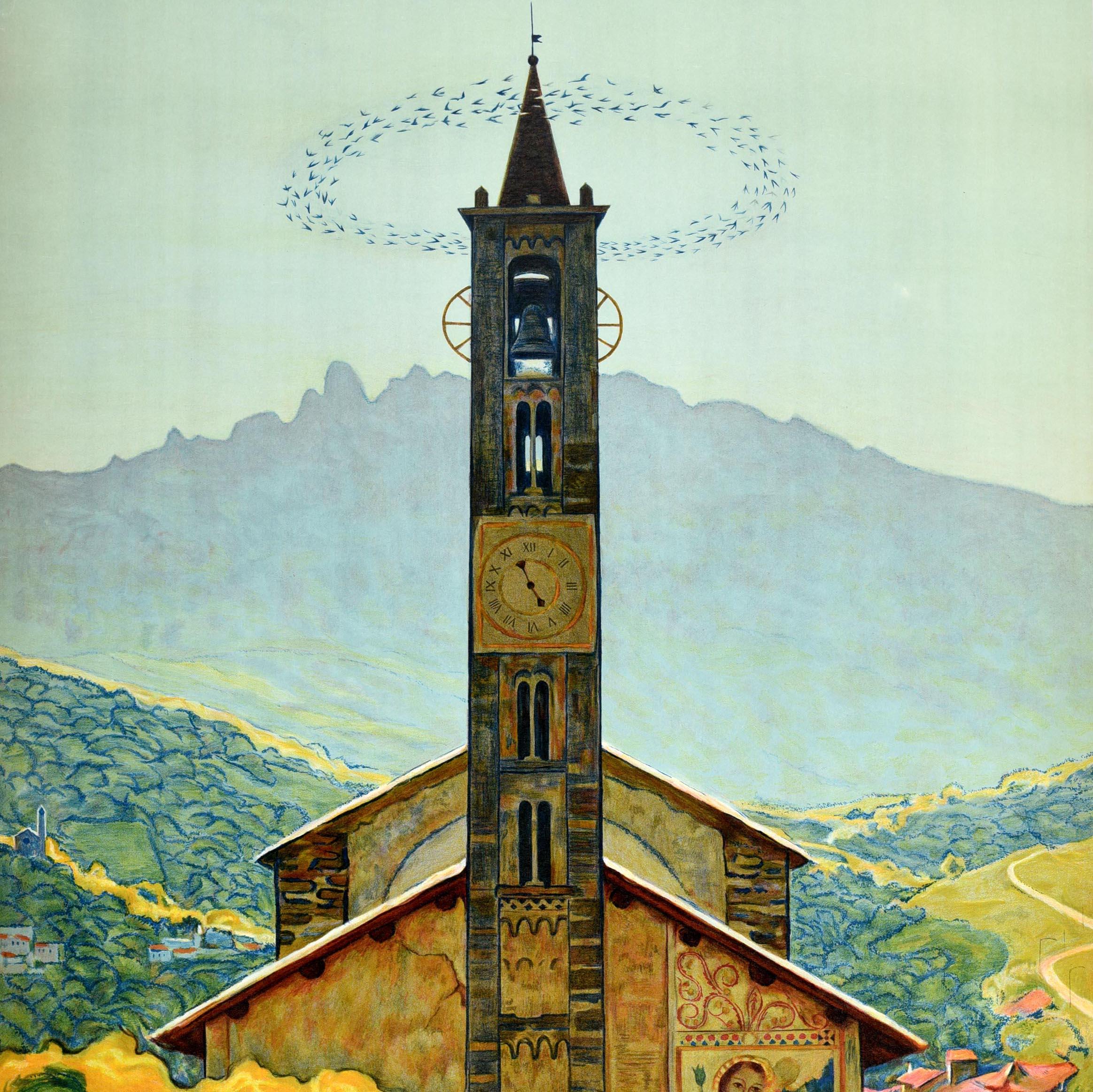 Original vintage travel poster for Tesserete Lugano Svizzera Suisse Schweiz Switzerland featuring a stunning painting by Luigi Rossi (1853-1923) of the historic 9th century Church of Santo Stefano depicting the clock and decorative image on the side