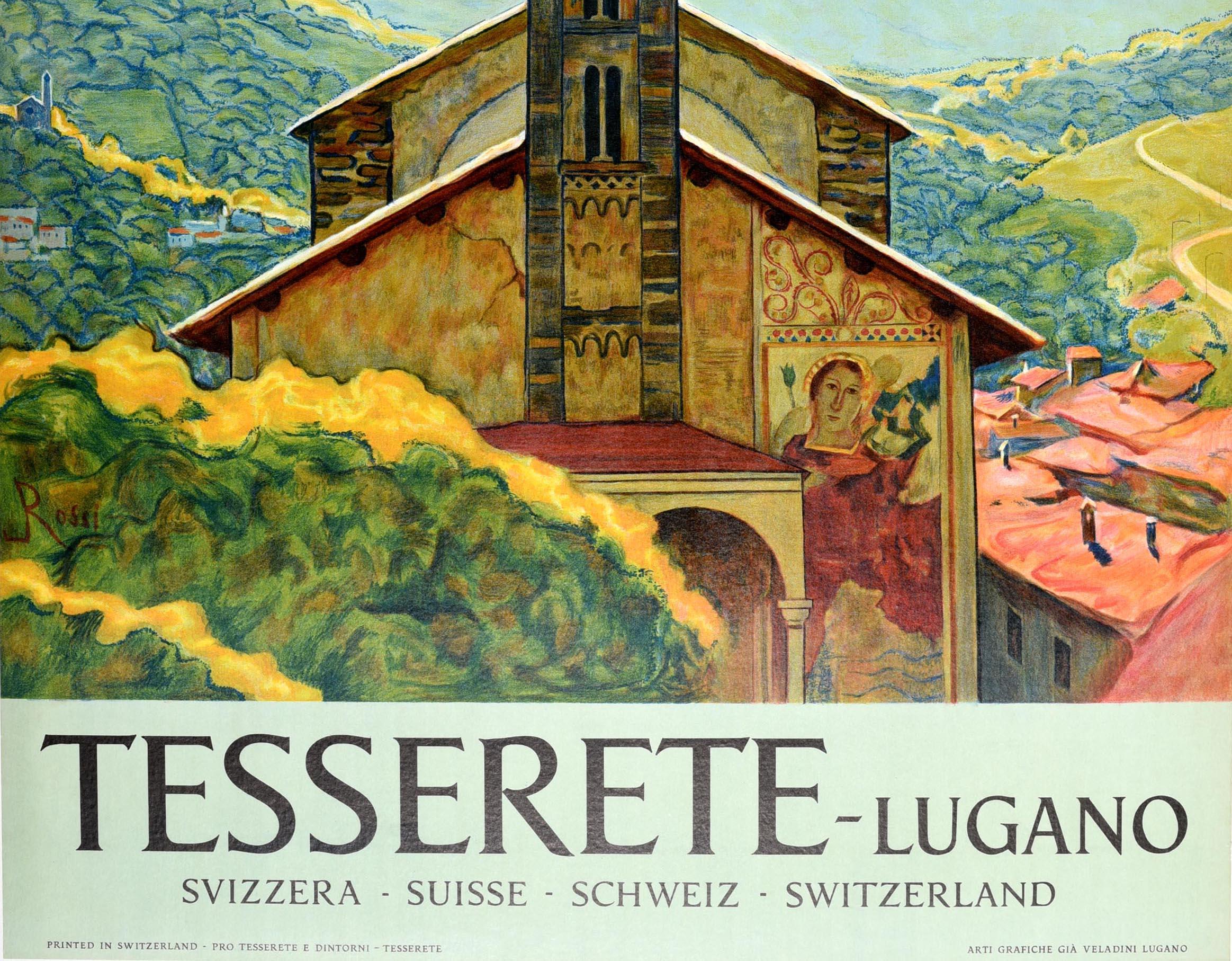 Swiss Original Vintage Travel Poster Tesserete Lugano Switzerland Santo Stefano Church For Sale