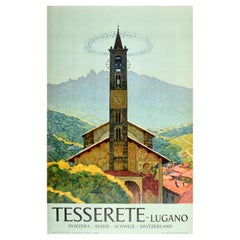 Poster di viaggio originale d'epoca Tesserete Lugano Svizzera Chiesa di Santo Stefano
