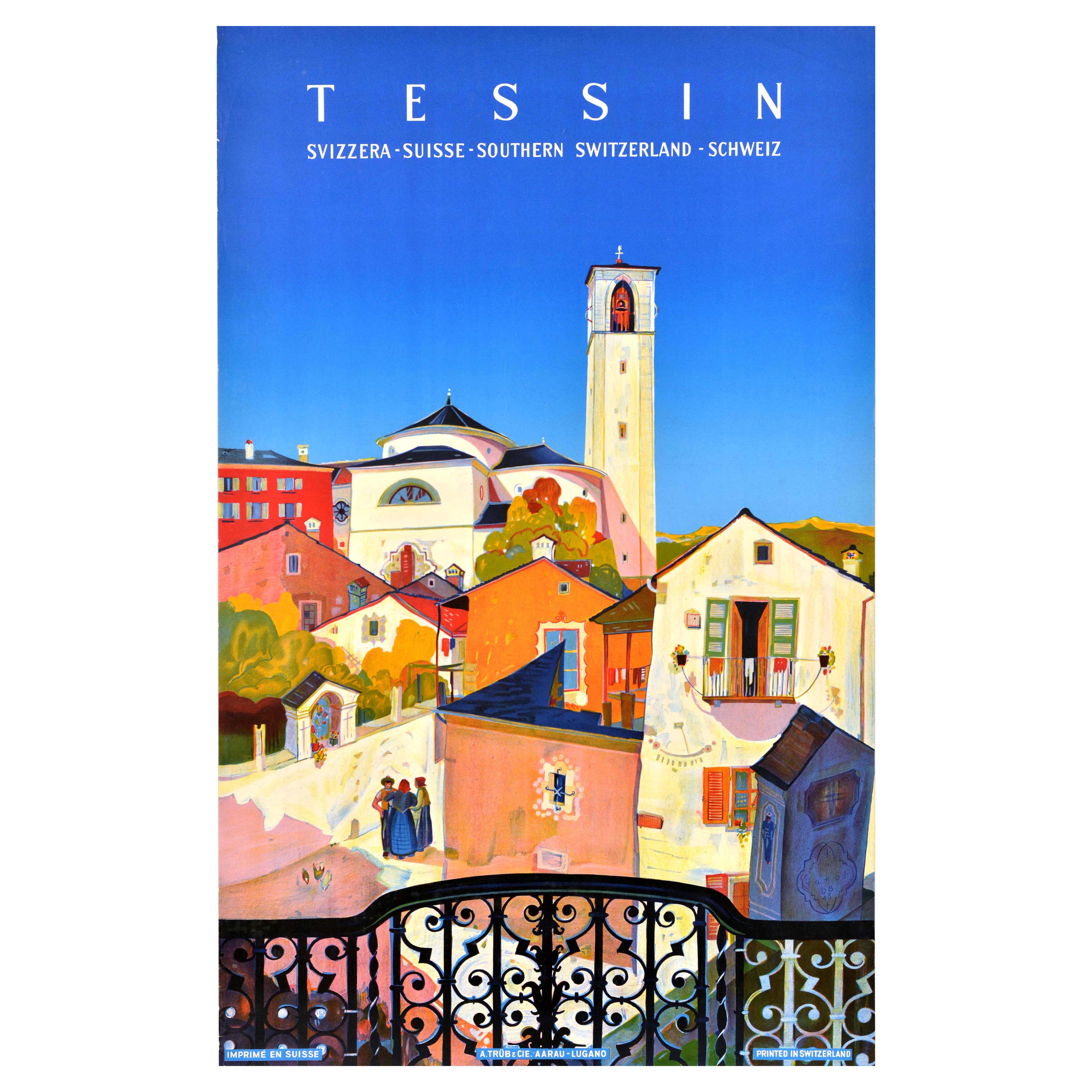 Poster di viaggio originale d'epoca Tessin Ticino Svizzera Suisse Schweiz Svizzera