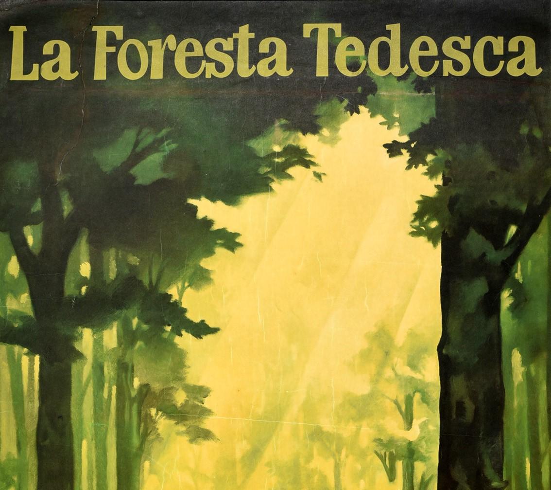 Original vintage travel poster for The German Forest / La Foresta Tedesca featuring artwork by the renowned graphic artist Jupp Wiertz (Joseph Lambert Wiertz; 1888-1939) depicting a scenic view through trees with the sunlight streaming down on deer