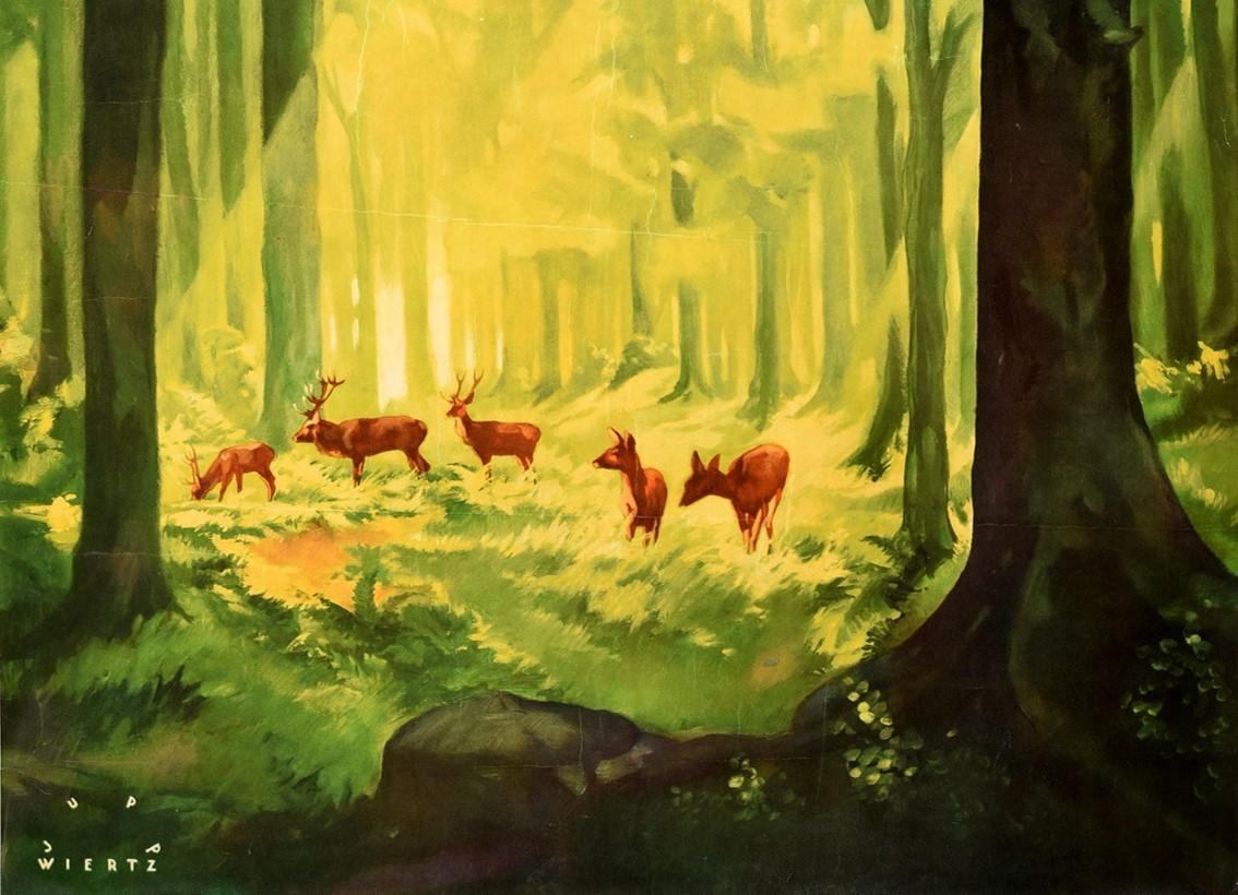 Allemand Affiche de voyage vintage d'origine The German Forest La Foresta Tedesca Deer Trees en vente