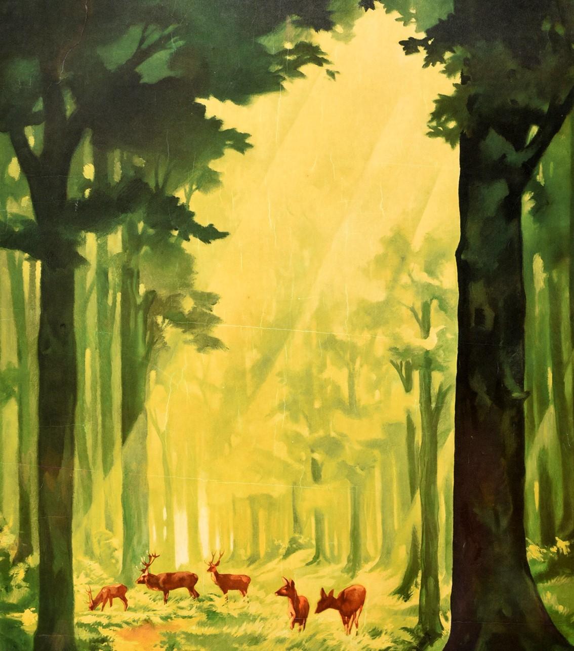 Affiche de voyage vintage d'origine The German Forest La Foresta Tedesca Deer Trees Bon état - En vente à London, GB