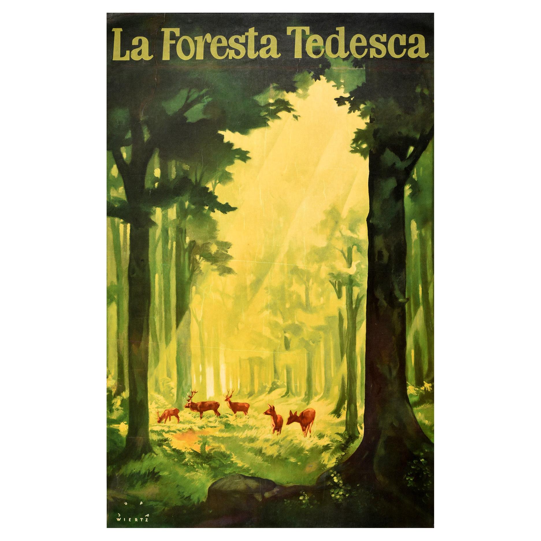 Affiche de voyage vintage d'origine The German Forest La Foresta Tedesca Deer Trees