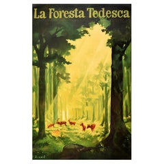 Affiche de voyage vintage d'origine The German Forest La Foresta Tedesca Deer Trees