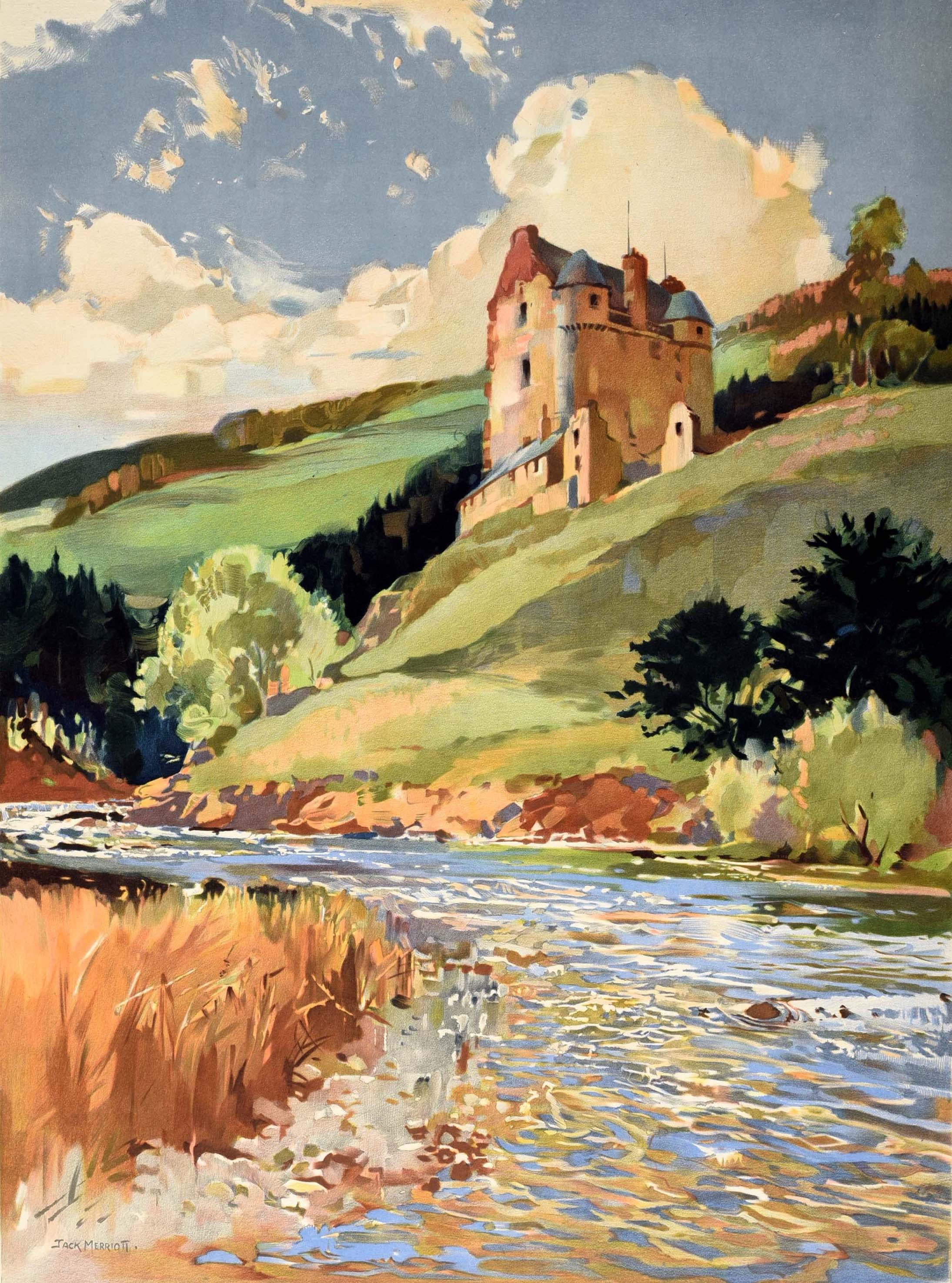 Original vintage travel poster issued by British Railways - The River Tweed See Scotland by Train - featuring a painting by the British artist Jack Merriott (1901-1968) depicting a scenic view of the historic tower house Neidpath Castle in