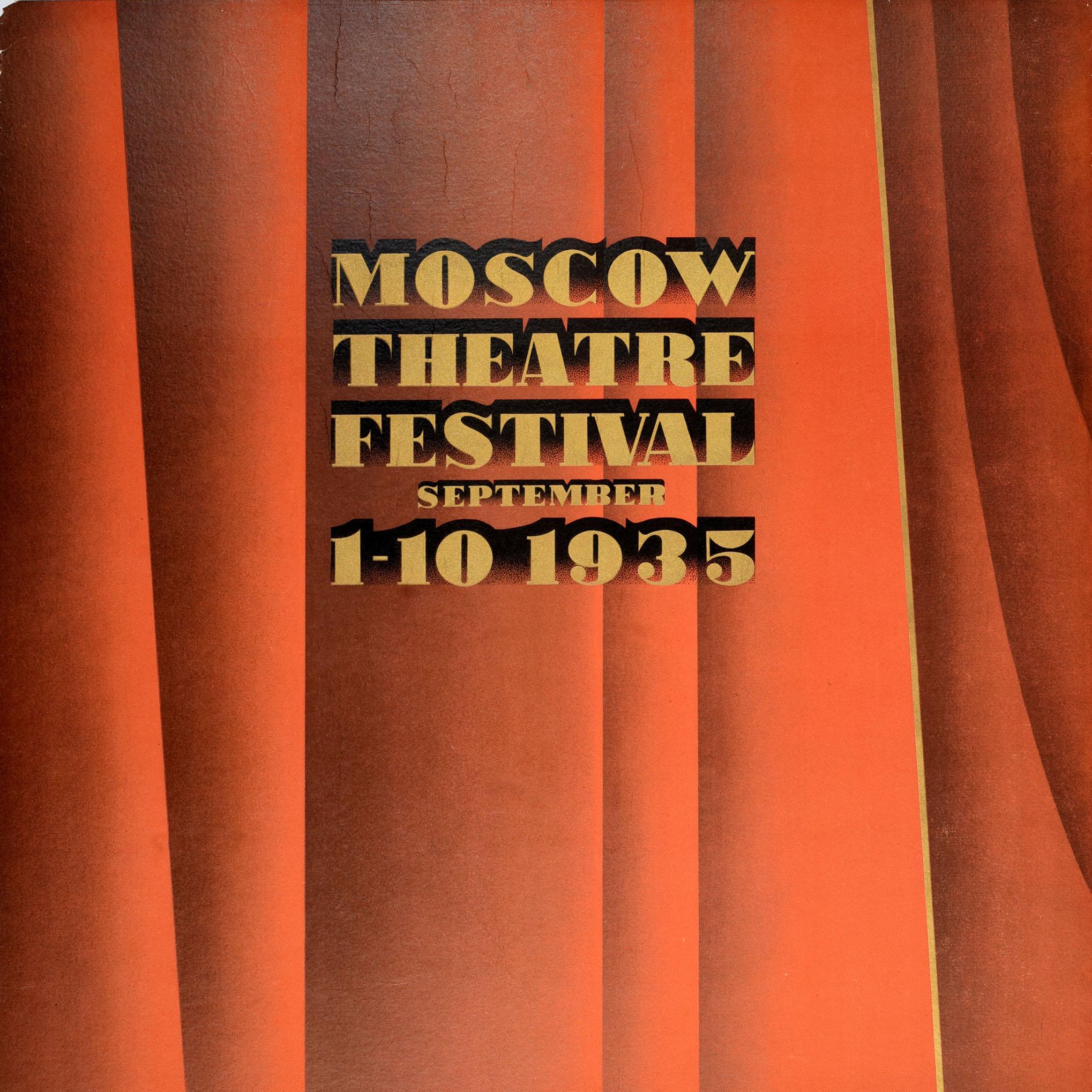 Poster di viaggio originale d'epoca per promuovere il Festival del Teatro di Mosca dal 1 al 10 settembre 1935, emesso dalla compagnia di viaggio statale sovietica Intourist per essere esposto nelle agenzie di viaggio e nelle ambasciate dell'URSS nei